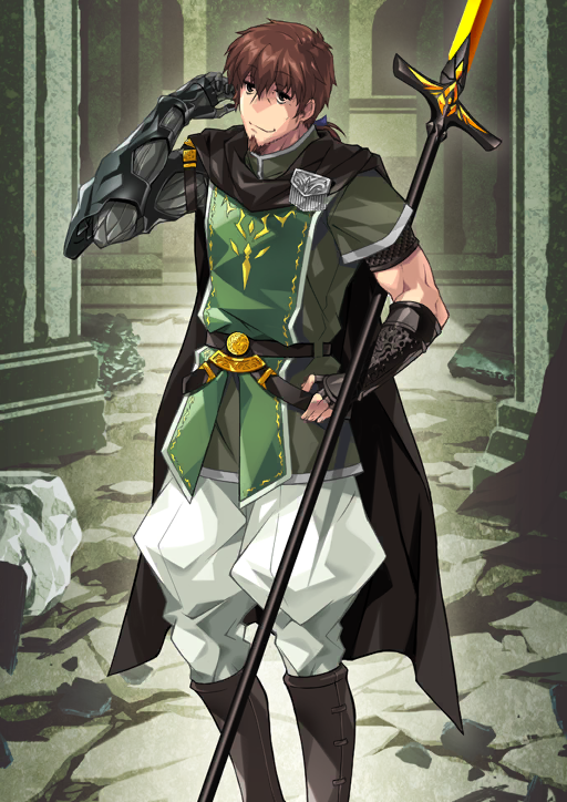 1boy arm_armor armor asymmetrical_sleeves belt belt_buckle black_(artist) black_belt black_cape boots bracer brown_boots brown_eyes brown_facial_hair brown_hair buckle cape closed_mouth durindana_(fate) elbow_gloves facial_hair fate/grand_order fate_(series) feet_out_of_frame fingerless_gloves gloves goatee green_tunic grey_gloves hair_between_eyes hand_on_own_hip hand_up hector_(fate) long_hair looking_at_viewer low_ponytail male_focus official_art pants polearm ponytail short_sleeves single_bracer single_elbow_glove single_fingerless_glove single_glove sleeveless smile solo standing third-party_source toned toned_male tunic uneven_sleeves variant_set weapon white_pants