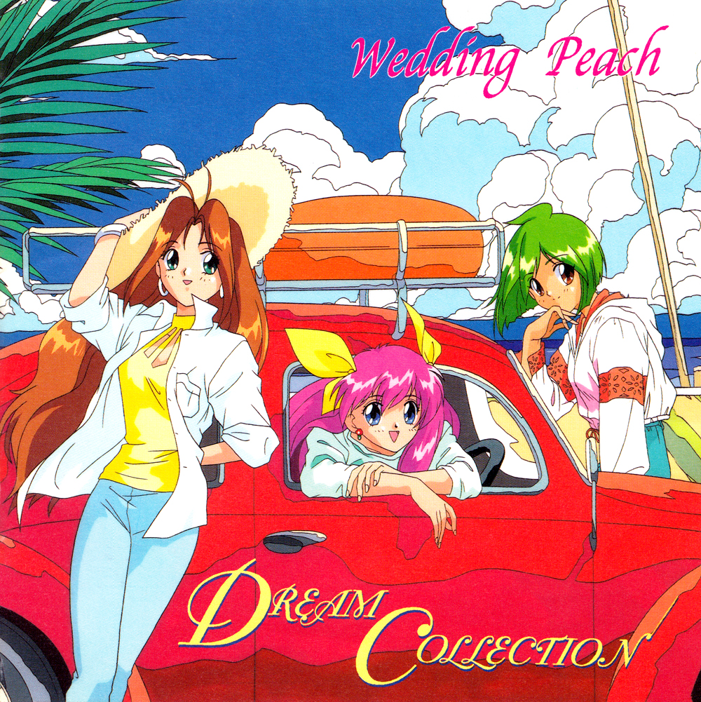 1990s_(style) 3girls ai_tenshi_densetsu_wedding_peach arm_up blue_eyes bracelet brown_eyes brown_hair car casual character_name copyright_name day green_eyes green_hair hanasaki_momoko hat jewelry long_hair looking_at_viewer motor_vehicle multiple_girls non-web_source official_art open_mouth outdoors pink_hair red_car retro_artstyle scan shirt short_hair smile standing straw_hat sun_hat tamano_hinagiku tanima_yuri unbuttoned unbuttoned_shirt white_shirt