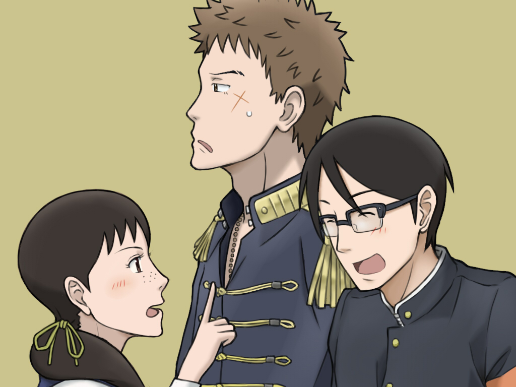 1girl 2boys artist_request band_uniform black_hair blonde_hair blush closed_eyes cross_scar epaulettes facial_scar freckles from_side gakuran glasses hat height_difference kawabuchi_sentarou laughing mukae_ritsuko multiple_boys nishimi_kaoru oniyan rosary sakamichi_no_apollon scar scar_on_cheek scar_on_face school_uniform shirt short_hair simple_background striped_clothes striped_shirt sweatdrop upper_body yellow_background