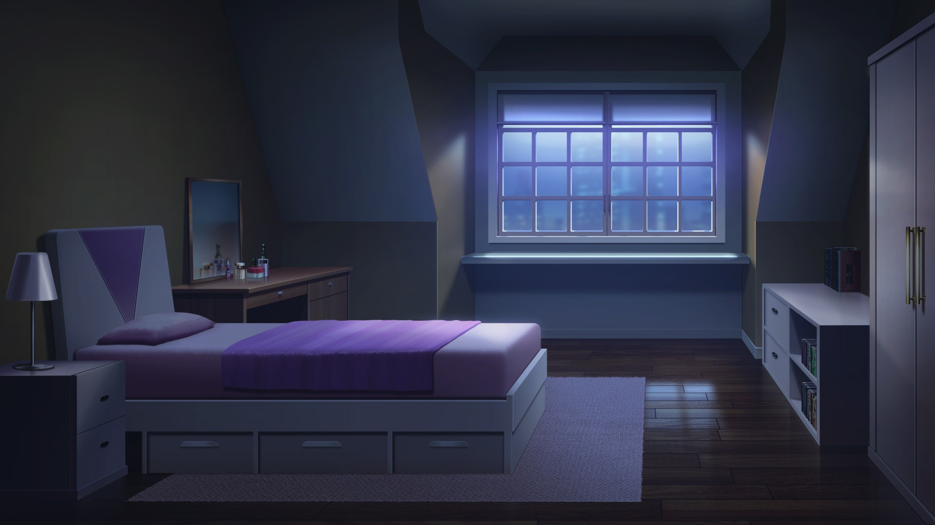 apartment bed bedroom blanket blurry blurry_background book bookshelf bottle cityscape dark desk_lamp drawer highres indoors lamp mirror night no_humans non-web_source official_art our_life:_beginnings_and_always perfume_bottle pillow purple_theme reflective_floor rug scenery table towel vanity_table variant_set wardrobe window window_blinds window_light wooden_floor