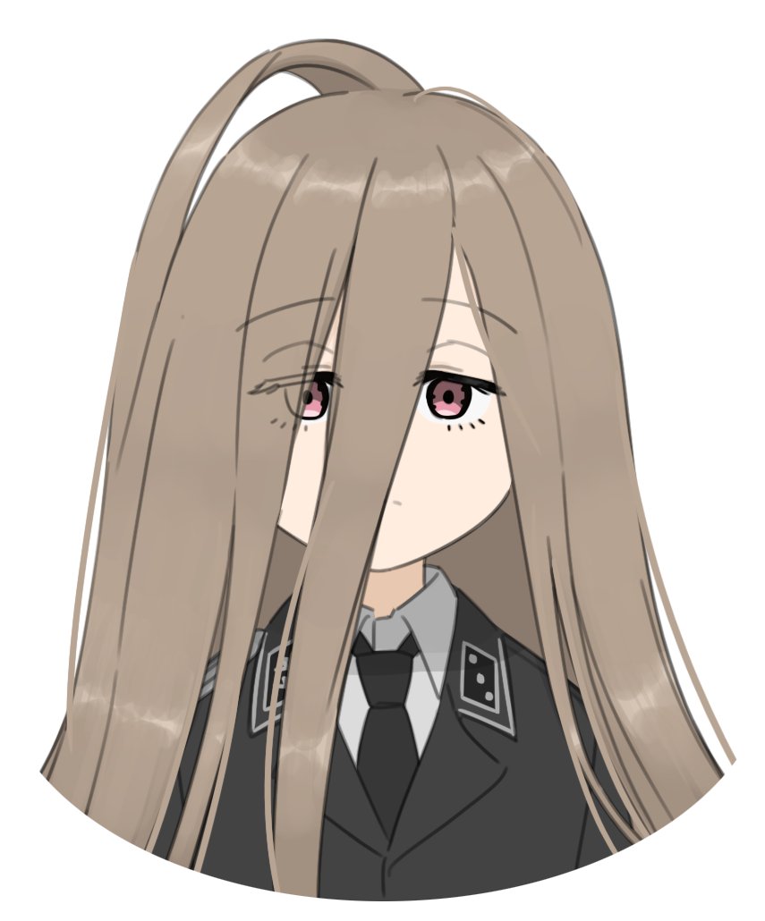 1girl black_cat03 black_jacket black_necktie brown_hair collar_tabs hair_between_eyes jacket long_hair looking_at_viewer military_dress_uniform military_jacket military_uniform nazi necktie purple_eyes sense_(sousou_no_frieren) simple_background solo sousou_no_frieren ss_insignia ss_uniform waffen-ss white_background