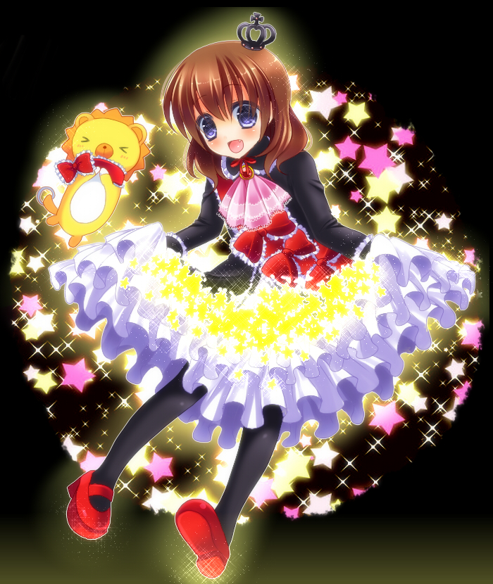 1girl black_pantyhose blue_eyes bow brown_hair crown dress fang maria_(umineko) neon_ui no_naku_koro_ni_(series) open_mouth pantyhose ryukishi07 sakutarou_(umineko) short_hair skirt_hold sparkle star_(symbol) umineko_no_naku_koro_ni ushiromiya_maria