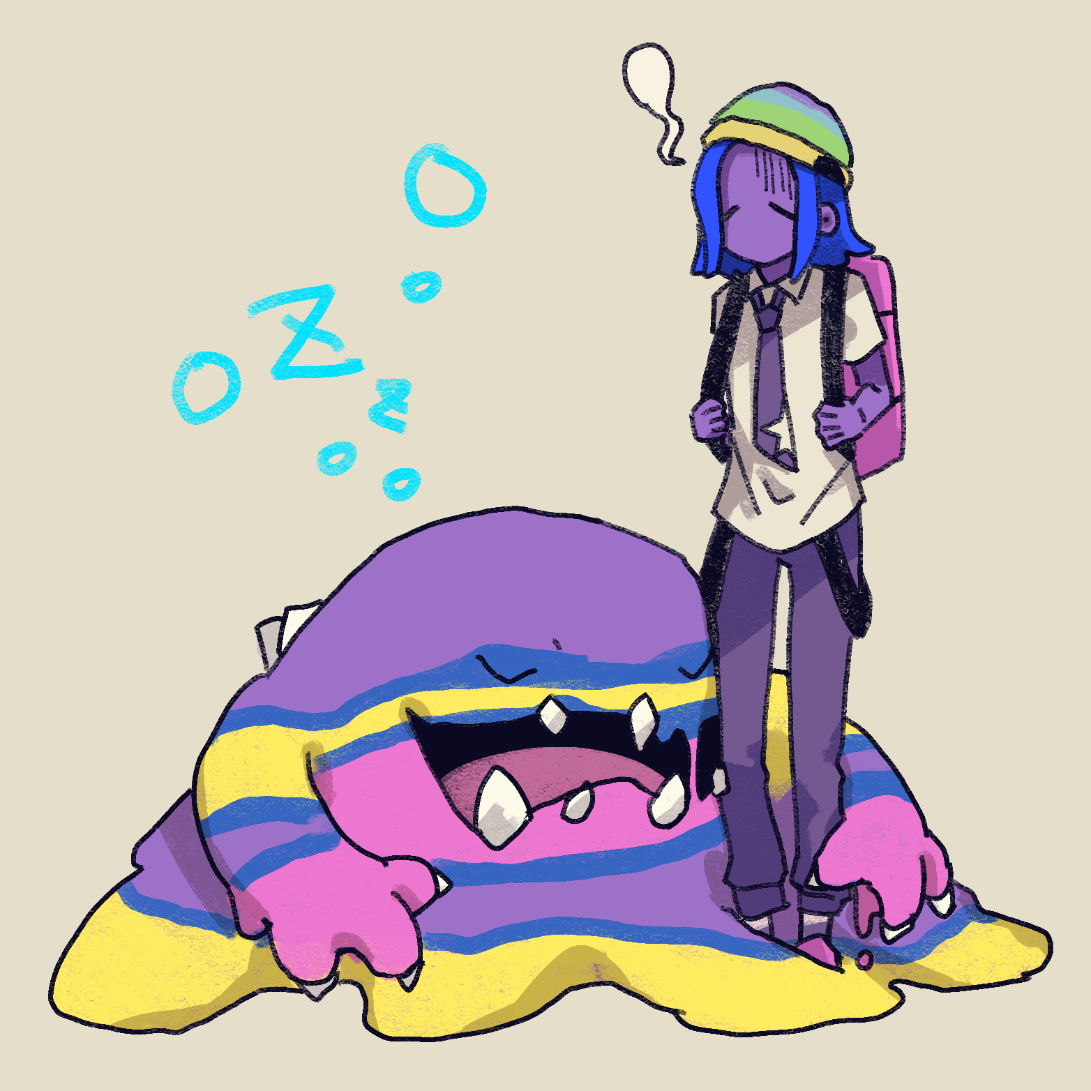 1boy alolan_form alolan_muk backpack bag beanie blue_hair closed_eyes collared_shirt colored_skin commentary_request gen_7_pokemon giving_up_the_ghost hat highres himurohiromu male_focus necktie nintendo pants pink_bag pokemon pokemon_(creature) pokemon_sv purple_necktie purple_pants purple_skin shirt short_sleeves socks standing zzz