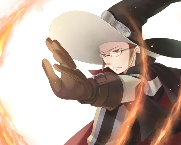 1boy brown_eyes brown_gloves brown_hair cape casting_spell fire fire_emblem fire_emblem_awakening foreshortening frown glasses gloves hat kiyuu laurent magic male_focus nintendo outstretched_arm puffy_sleeves ring_of_fire serious simple_background solo white_background witch_hat