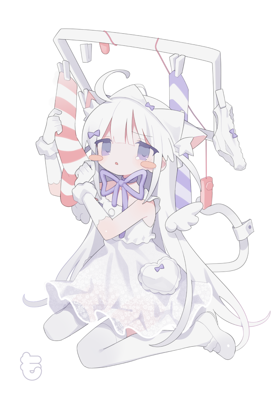 1girl ahoge angel_wings animal_ear_fluff animal_ears blush_stickers bow bow_panties bra bra_on_head cat_ears cat_girl cat_tail clothes_pin commentary daizu_(melon-lemon) detached_wings dress egg_vibrator full_body gloves halo hands_up highres holding holding_unworn_clothes long_hair looking_at_viewer mary_janes mini_wings neck_ribbon object_on_head original panties parted_lips pink_socks purple_eyes purple_ribbon purple_socks remote_control_vibrator ribbon sex_toy shoes simple_background sitting sleeveless sleeveless_dress socks solo straight_hair striped_clothes striped_socks tail tail_ornament thighhighs underwear unworn_panties unworn_socks very_long_hair vibrator wariza white_background white_bra white_dress white_gloves white_hair white_panties white_shoes white_thighhighs wings