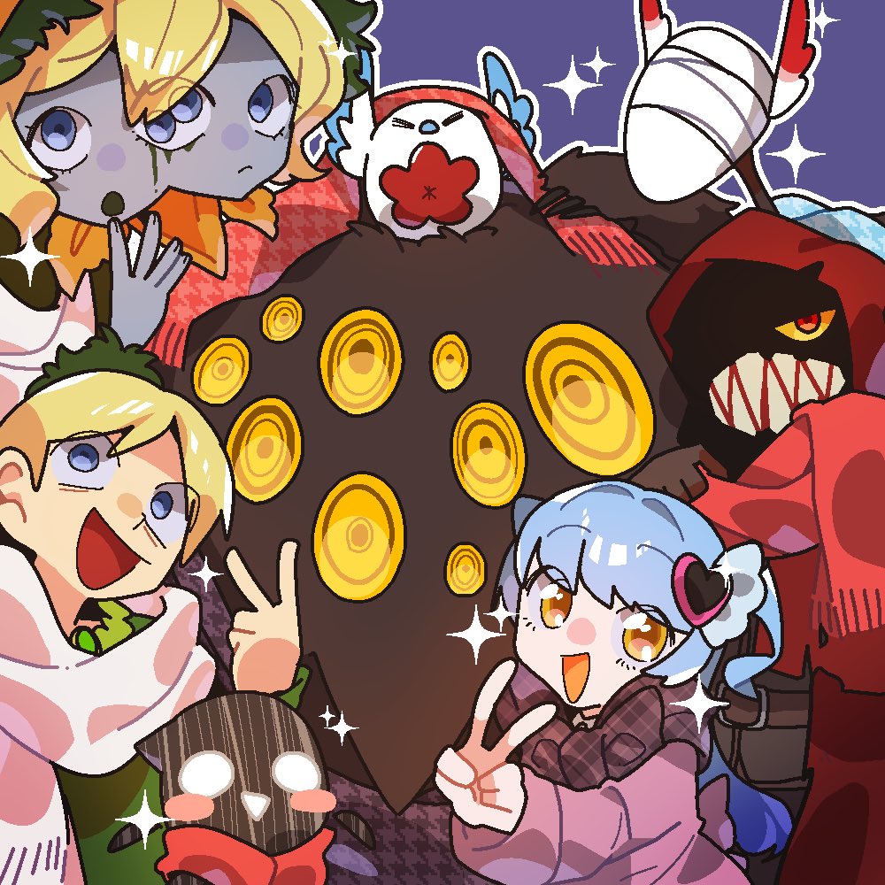 1boy 3girls big_bird_(project_moon) bird blank_eyes blindfold blonde_hair blue_eyes blue_hair blue_sky blush_stickers clenched_teeth cloak dream_of_a_black_swan extra_eyes eyes_in_shadow green_shirt hat_ornament heart heart_hat_ornament hood hood_up hooded_cloak judgement_bird little_red_riding_hooded_mercenary lobotomy_corporation long_hair looking_at_viewer monster multiple_girls open_mouth outline pink_shirt project_moon punishing_bird queen_of_hatred red_cloak scarf scorched_girl sharp_teeth shirt short_hair sky smile sparkle standing teeth textless_version tomatomari v white_outline yellow_eyes
