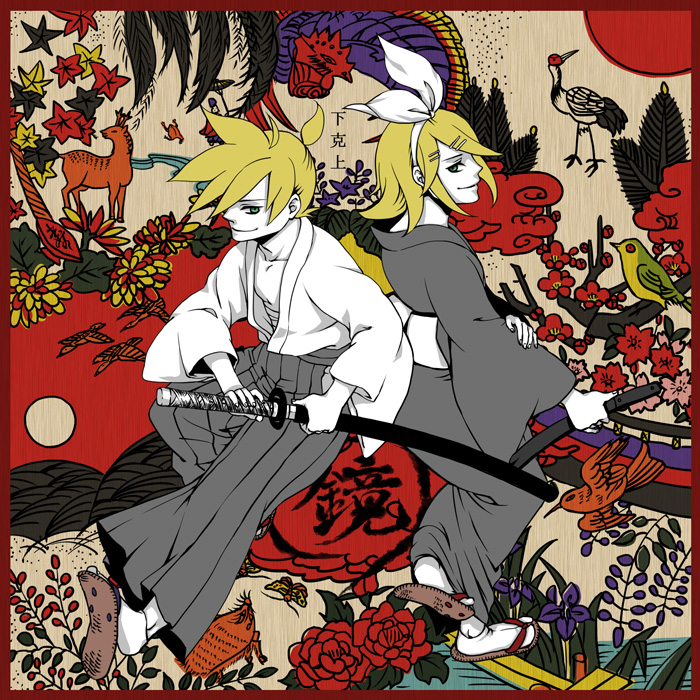 1boy 1girl alcohol bellflower bird blonde_hair boar brother_and_sister bug butterfly cherry_blossoms chrysanthemum clover crane_(animal) cuckoo deer fine_art_parody flower gekokujou_(vocaloid) goose grass hanafuda insect iris_(flower) japanese_clothes kagamine_len kagamine_rin leaf maple_leaf moon nightingale_(bird) nihonga pale_skin parody paulownia peony_(flower) pine_tree plum_blossoms rakuze_moyu red-crowned_crane sake siblings tree twins ukiyo-e vocaloid willow wisteria