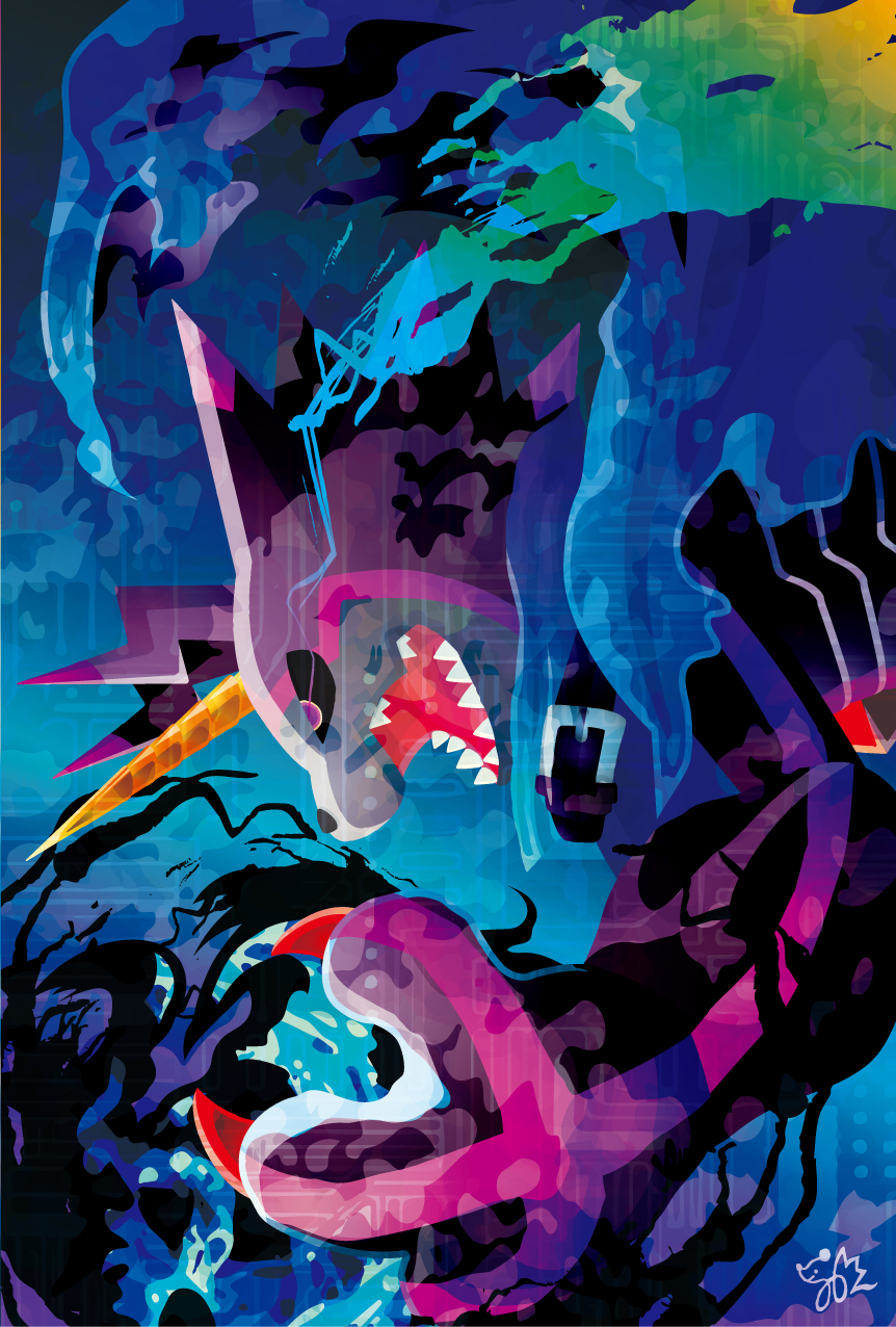 black_fire black_sclera black_skin blue_cloak blue_fire cloak colored_sclera colored_skin digimon digimon_(creature) digimon_ghost_game dragon fewer_digits fire gulusgammamon highres horns sharp_teeth single_horn solo teeth yam_retsu