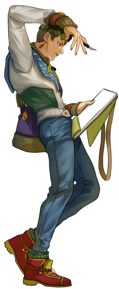 1boy black_hair earrings headband jewelry jojo_no_kimyou_na_bouken kilva_lollop kishibe_rohan male_focus simple_background sketchbook solo