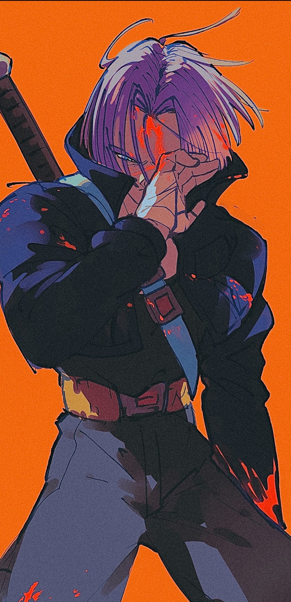 1boy belt blood blood_in_hair blood_on_clothes blood_on_face blue_eyes closed_mouth denim denim_jacket domu_(hamadura) dragon_ball dragonball_z highres jacket male_focus orange_background pants purple_hair simple_background solo sword trunks_(dragon_ball) trunks_(future)_(dragon_ball) weapon weapon_on_back