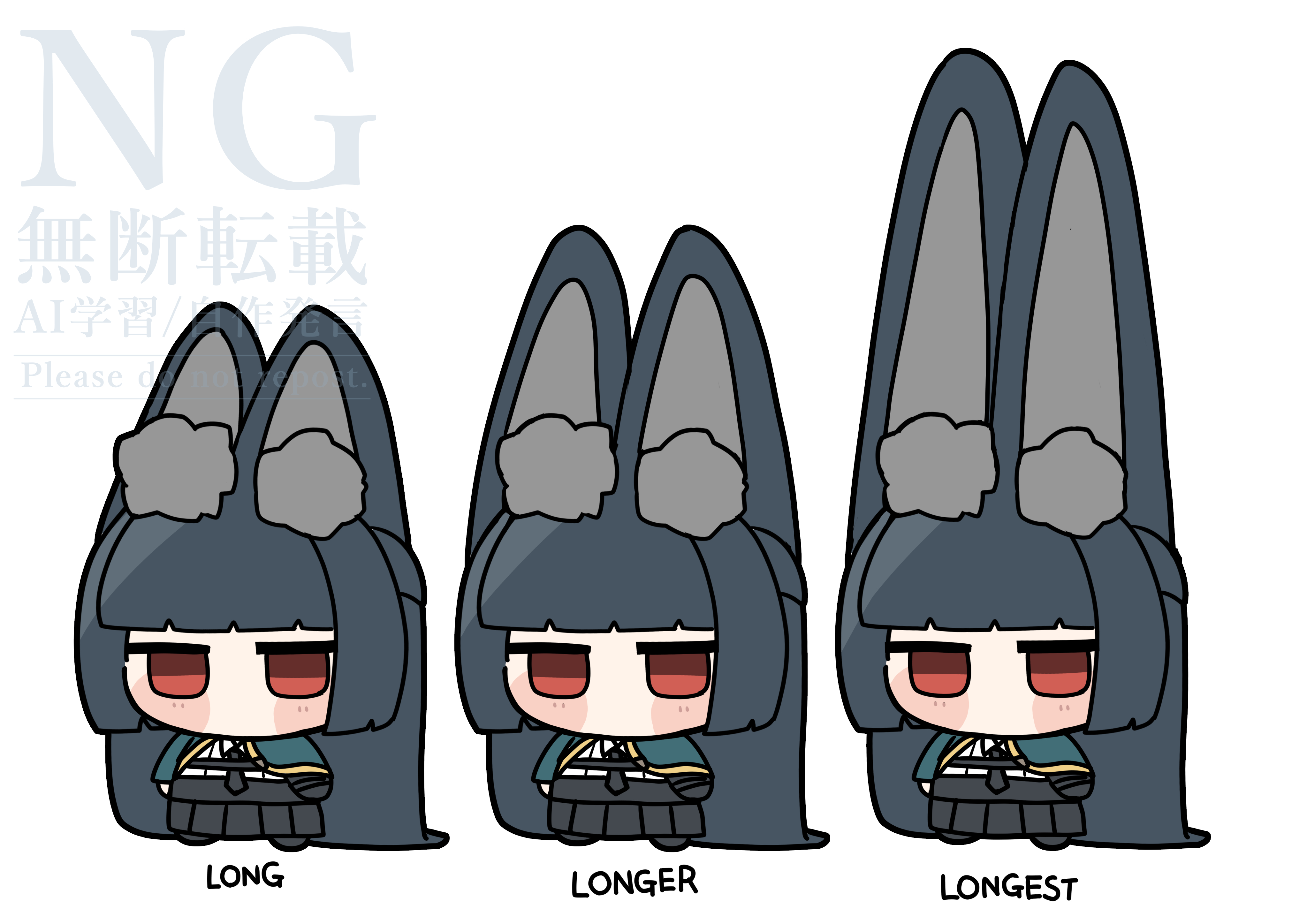 1girl absurdly_long_hair absurdres animal_ear_fluff animal_ears aqua_capelet black_hair black_necktie black_skirt blunt_bangs blunt_ends blush_stickers chibi commentary_request highres hime_cut hoshimi_miyabi jitome long-eared_miyabi_(meme) long_hair meme multiple_views necktie no_mouth pleated_skirt red_eyes shinonome_nashi shirt simple_background skirt solo standing very_long_ears very_long_hair watermark white_background white_shirt zenless_zone_zero