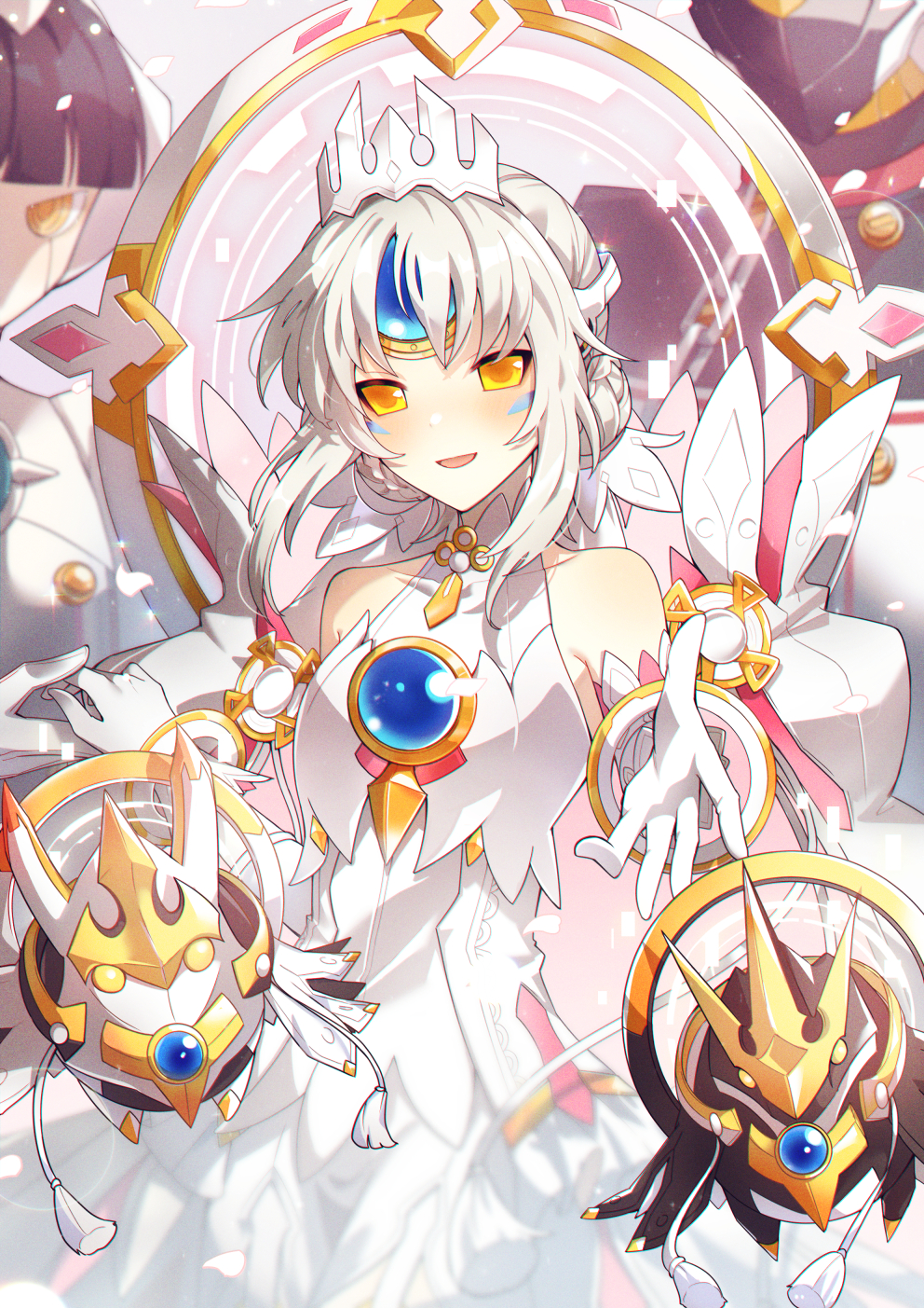 1boy 2girls android bare_shoulders blush chest_jewel code:esencia_(elsword) commentary detached_sleeves dress elbow_gloves elsword eve_(elsword) floating forehead_jewel gloves highres holding_hands jewelry looking_at_viewer moby_(elsword) multiple_girls oberon_(elsword) open_mouth ophelia_(elsword) reaching reaching_towards_viewer remy_(elsword) robot sasa_(sa1008va) smile tiara white_dress white_gloves white_hair white_sleeves yellow_eyes