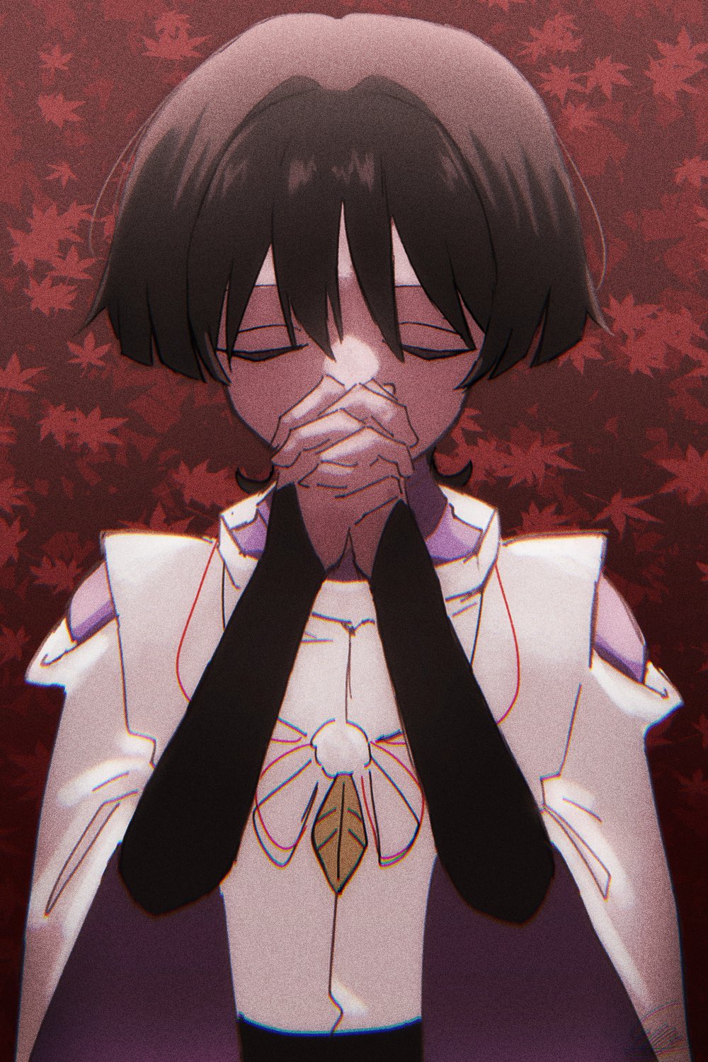 1boy armor black_hair blunt_ends closed_eyes clothing_cutout covering_own_mouth ellypwakame316 facing_viewer feathers fingernails genshin_impact hands_up highres interlocked_fingers japanese_armor japanese_clothes kariginu kimono kote kurokote layered_kimono layered_sleeves leaf leaf_background male_focus maple_leaf own_hands_clasped own_hands_together pom_pom_(clothes) purple_kimono purple_sleeves red_background scaramouche_(genshin_impact) scaramouche_(kabukimono)_(genshin_impact) shoulder_cutout solo straight-on string upper_body white_sleeves wide_sleeves wispy_bangs yellow_feathers