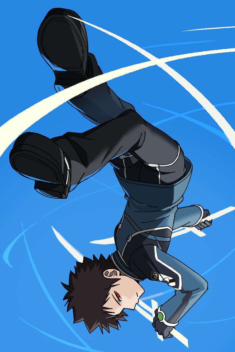 1boy arm_up black_gloves black_hair black_pants blue_background blue_jacket closed_mouth dual_wielding fighting_stance gloves holding holding_sword holding_weapon jacket kazama_souya long_sleeves looking_at_viewer male_focus nocchan_chicchi pants profile red_eyes shoes solo sword upside-down weapon world_trigger