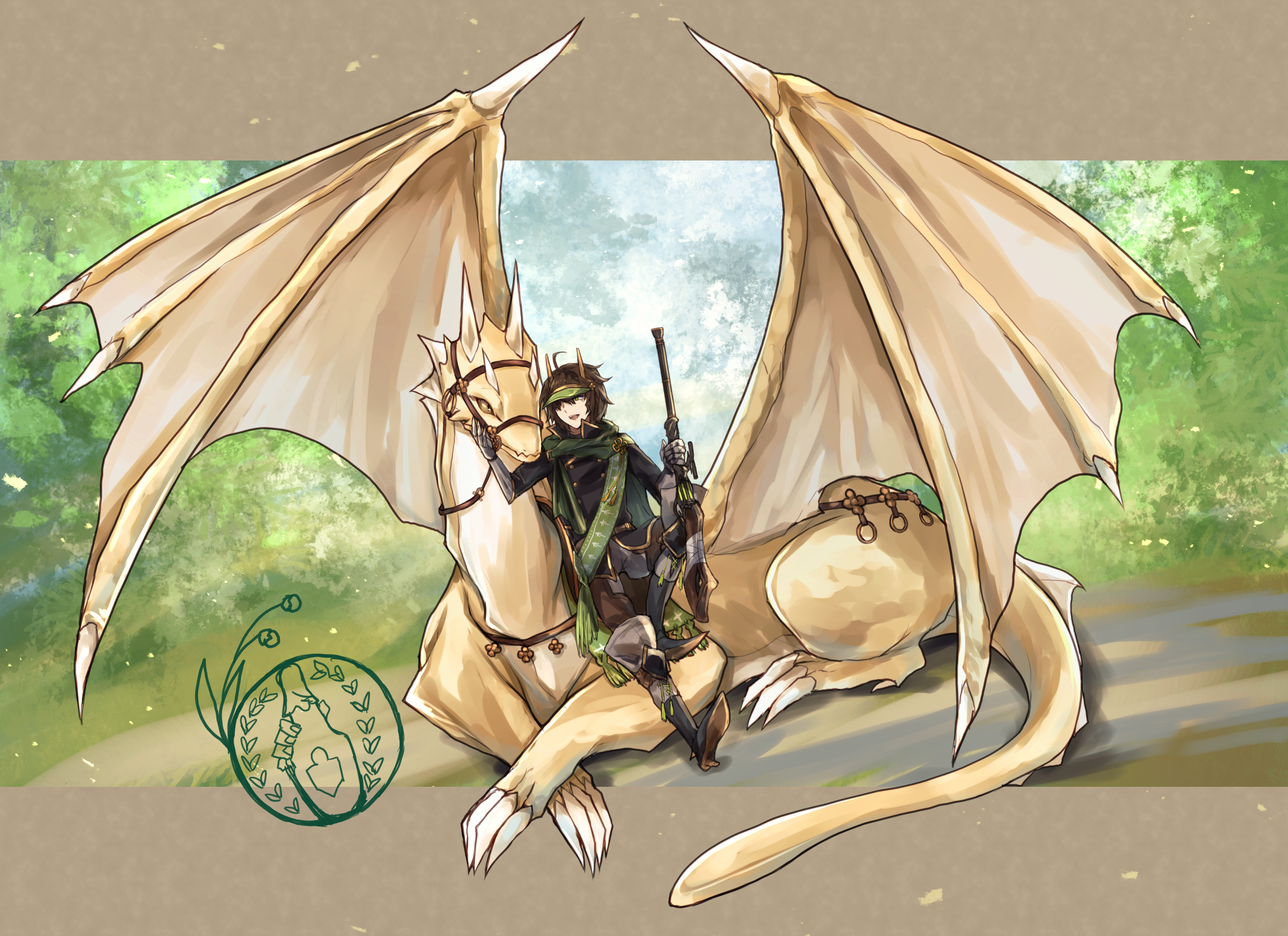 black_boots boots brown_hair cape day dragon gauntlets green_cape gun hand_on_another&#039;s_cheek hand_on_another&#039;s_face highres holding holding_gun holding_weapon horns leaning_on_animal long_sleeves outdoors pixiv_fantasia pixiv_fantasia_last_saga reins smile weapon yellow_eyes yellow_horns yukimitsuyui