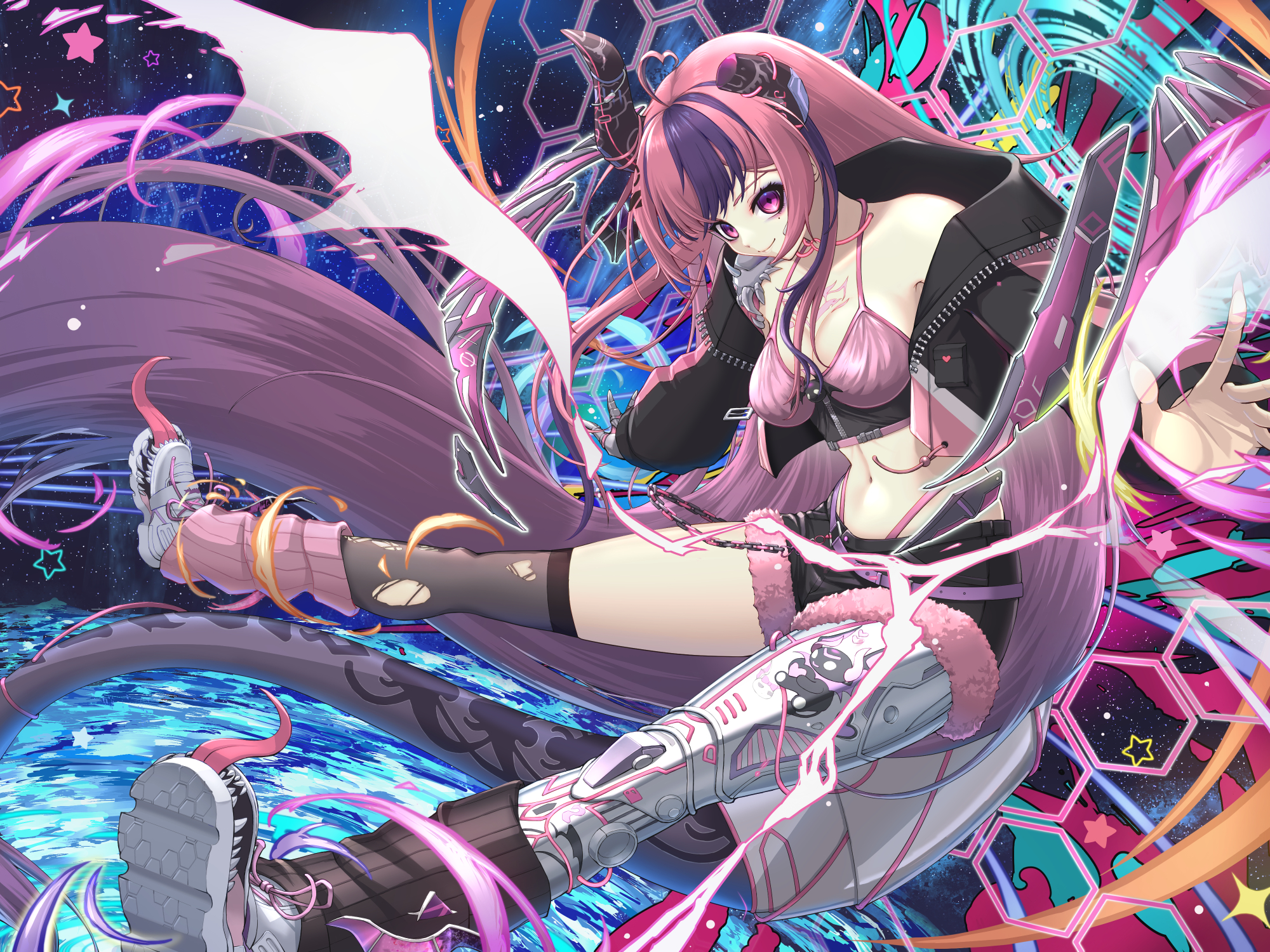 1girl asymmetrical_legwear black_horns black_jacket black_leg_warmers black_shorts bra breasts chiga_akira grey_leg_warmers highres horns ironmouse jacket leg_warmers long_hair mechanical_legs medium_breasts mismatched_legwear multicolored_hair navel pink_bra pink_eyes pink_hair purple_hair shoes shorts single_mechanical_leg solo star_(symbol) two-tone_hair underwear virtual_youtuber vshojo white_shoes