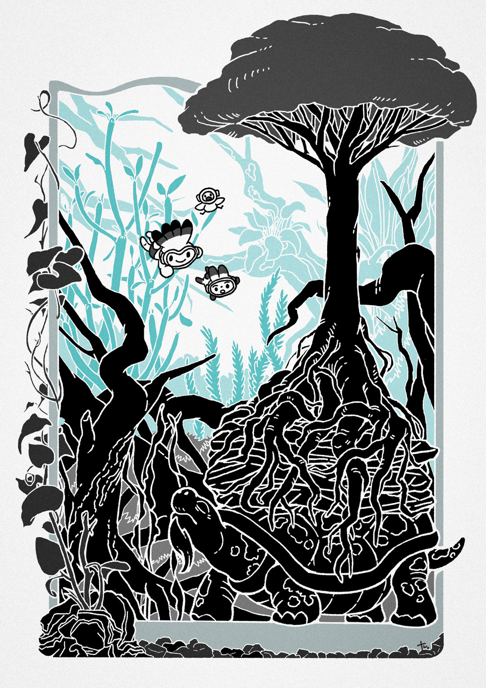 2boys animal aqua_theme bird black_shorts border commentary creature foliage goggles helmet highres initial multiple_boys nature original plant seaweed shorts solid_circle_eyes spot_color swim_goggles swimming symbol-only_commentary takitasaki tree turtle underwater white_border
