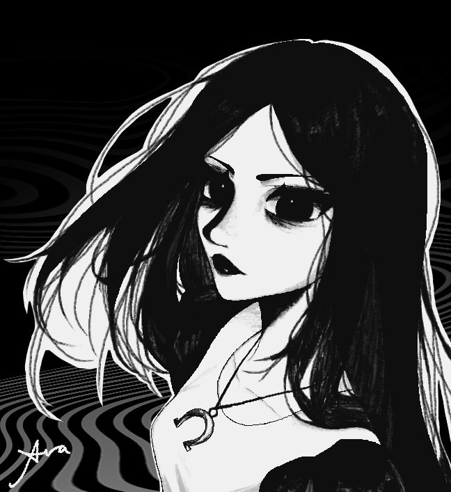 1girl bags_under_eyes breasts commentary english_commentary greyscale jewelry lipstick long_hair lovedstarlight makeup medium_breasts monochrome necklace omega_symbol original pendant profile signature solo two-tone_shirt upper_body