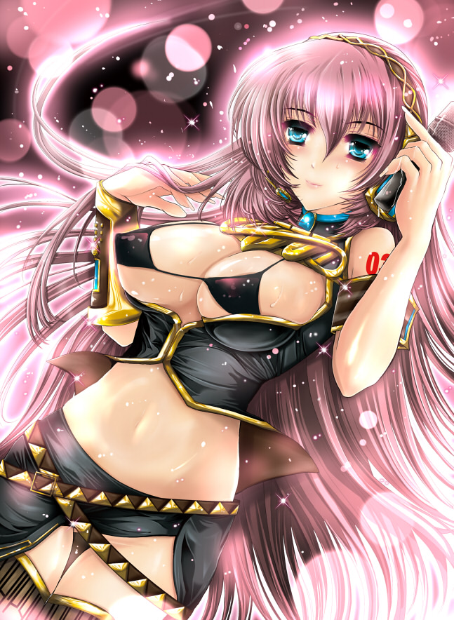 1girl armband asymmetrical_sleeves bare_shoulders belt black_bra black_skirt blue_eyes blue_gemstone blurry blush bokeh bra breasts brooch cleavage covered_erect_nipples depth_of_field detached_sleeves dutch_angle female_focus gem hair_between_eyes headphones headset holding holding_microphone jewelry large_breasts light_particles lingerie lips long_hair long_skirt megurine_luka microphone midriff multiple_belts no_panties open_clothes pink_hair riria single_sleeve skirt sleeveless sleeveless_turtleneck smile solo sweat tattoo thigh_gap thighhighs thighs turtleneck underwear uneven_sleeves very_long_hair vocaloid wardrobe_malfunction yellow_detached_sleeves
