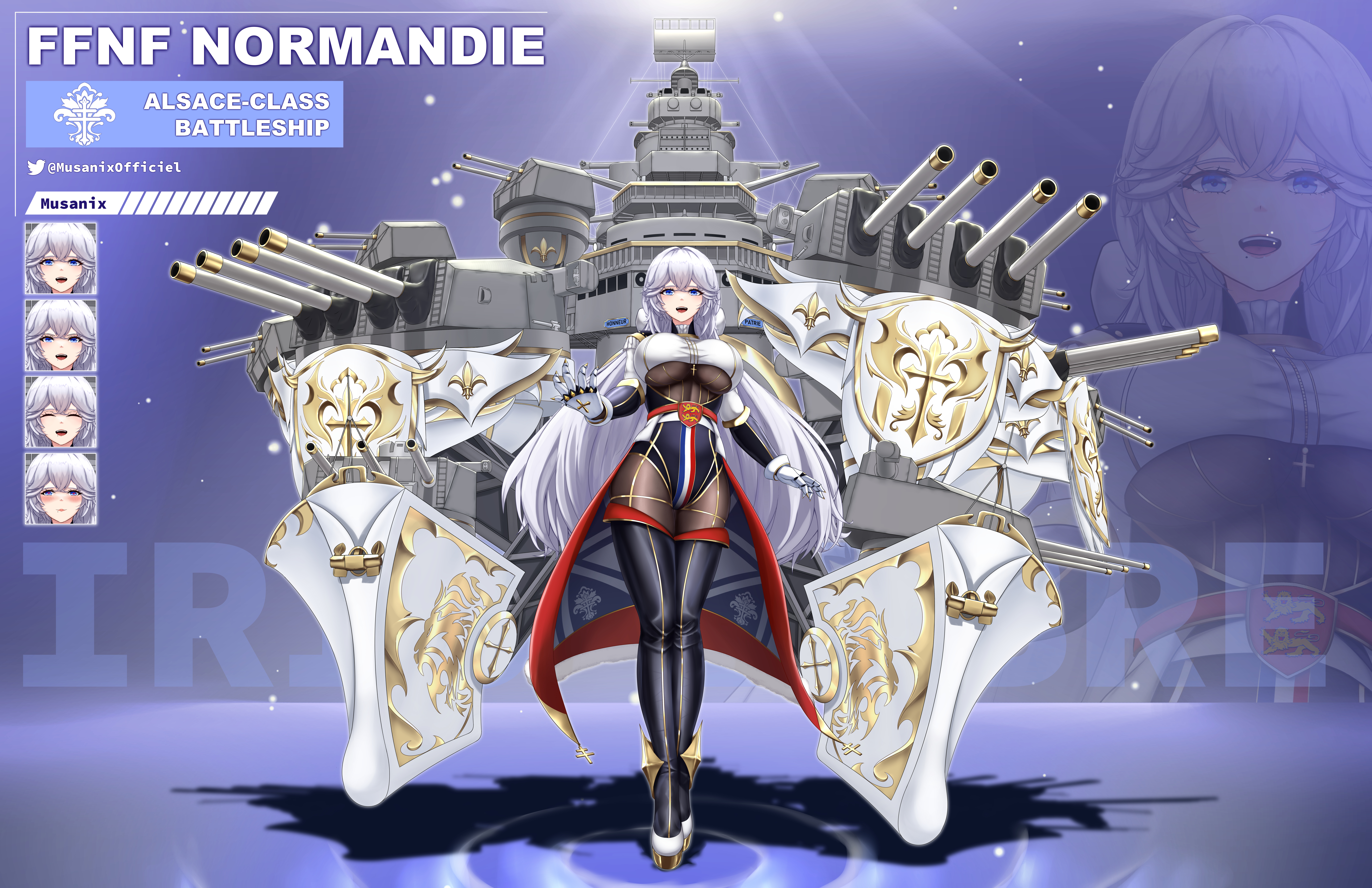 1girl absurdres artillery azur_lane black_boots blush bodystocking boots breasts clothing_cutout commentary english_commentary fleur-de-lis french_flag full_body gloves gold highres iris_libre_(emblem) large_breasts long_hair looking_at_viewer metal_gloves musanix normandie_(battleship) open_mouth original personification rigging ship_turret solo thigh_boots underboob underboob_cutout very_long_hair white_gloves white_hair