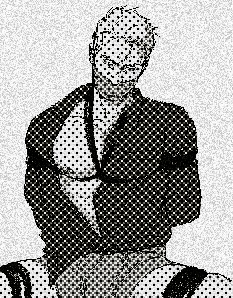 1boy arms_behind_back bara bare_pectorals bdsm bondage bound check_copyright copyright_request cowboy_shot gag greyscale improvised_gag large_pectorals male_focus mature_male monochrome nipples pectorals rope short_hair smokerichi solo spread_legs tape tape_gag tsurime