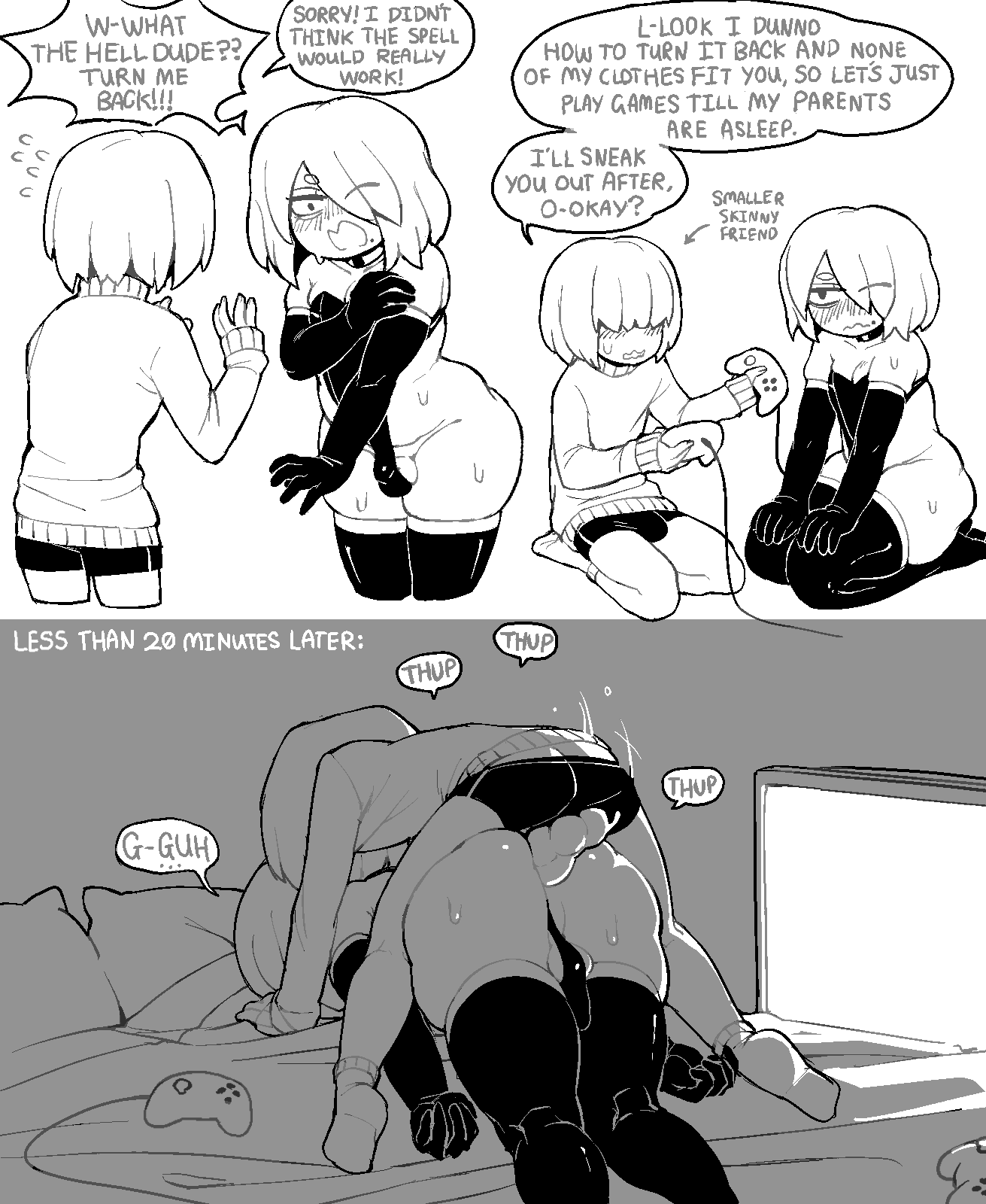 2boys blush bulge controller crossdressing dizzyspells doggystyle embarrassed english_text erection erection_under_clothes from_behind game_controller groin hair_over_one_eye highres hood hoodie instant_loss leotard male_playboy_bunny multiple_boys original penis playboy_bunny sex sex_from_behind thighhighs wardrobe_error yaoi