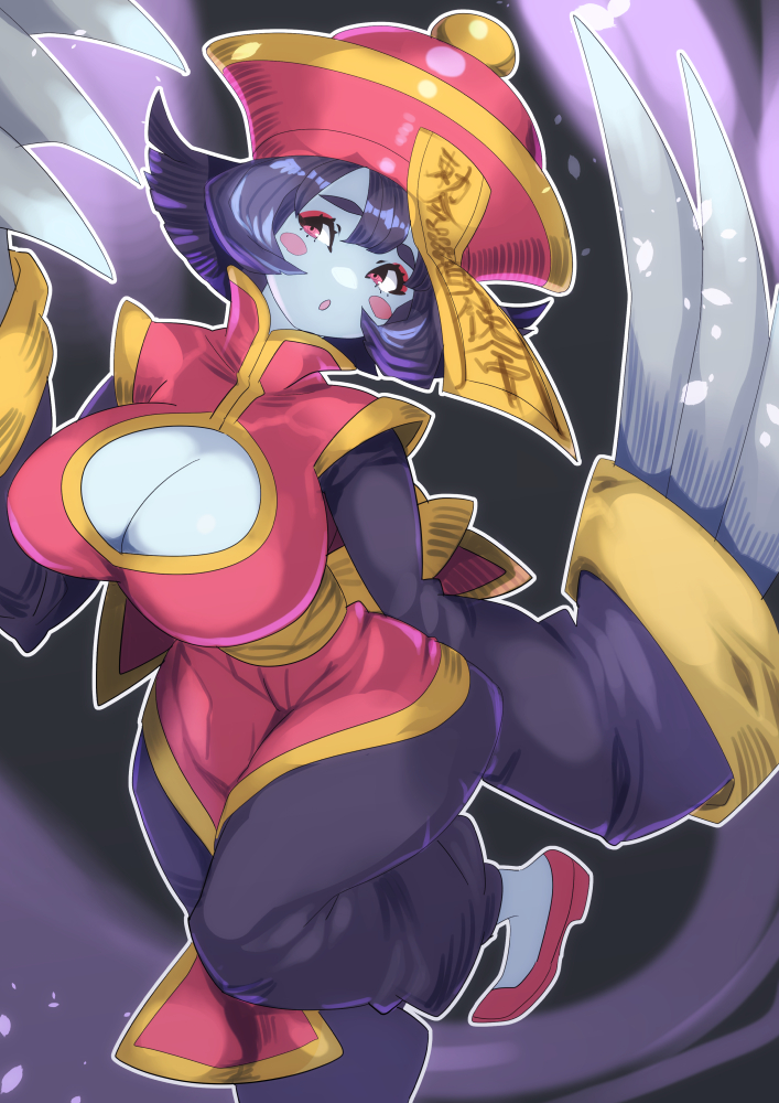 1girl black_hair black_pants black_sleeves blue_skin blunt_ends blush breasts cleavage cleavage_cutout clothing_cutout colored_skin darkstalkers dress eyeshadow flats foot_out_of_frame gold_trim hair_between_eyes hat hsien-ko jiangshi kuwango large_breasts layered_dress long_sleeves makeup mechanical_arms ofuda ofuda_on_head pants parted_lips pelvic_curtain pink_eyes pink_eyeshadow qingdai_guanmao red_dress red_footwear red_hat short_hair sleeves_past_fingers sleeves_past_wrists solo thick_eyebrows
