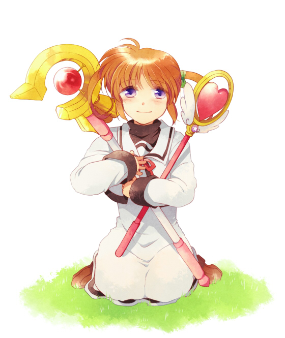 00s 1girl blue_eyes blush brown_hair dress female_focus hair_ribbon holding kneeling loafers long_sleeves looking_at_viewer lyrical_nanoha mahou_shoujo_lyrical_nanoha raising_heart raising_heart_(device_mode) ribbon school_uniform serafuku shoes short_hair short_twintails smile solo takamachi_nanoha takana_(nanao) triangle_heart triangle_heart_3 triangle_heart_3_lyrical_toy_box twintails wand white_dress