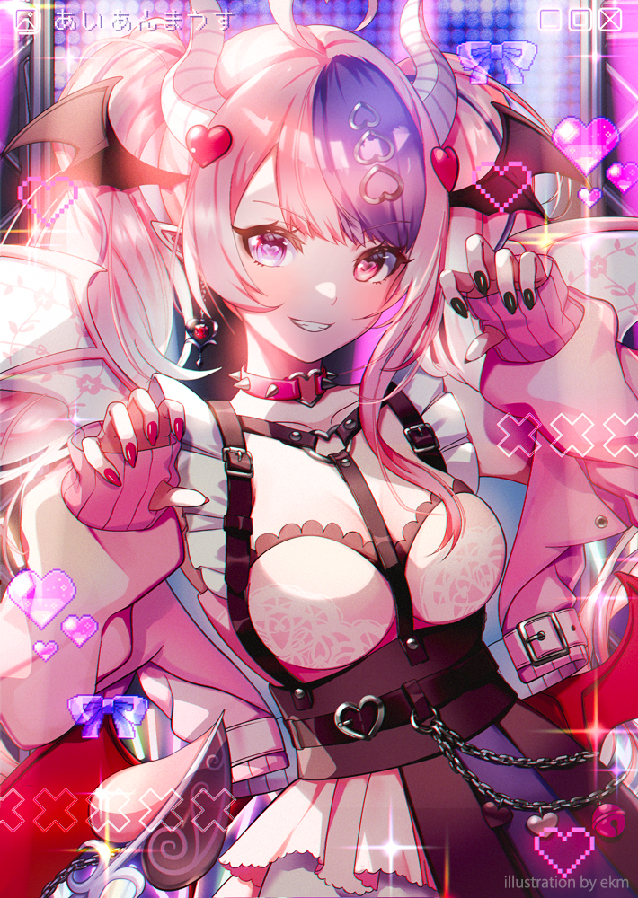 1girl ahoge black_nails chain claw_pose commentary dress ekm hair_ornament head_wings heart heart_hair_ornament heart_o-ring horns ironmouse long_hair looking_at_viewer multicolored_hair o-ring pink_hair red_nails solo sparkle symbol-only_commentary translation_request twintails virtual_youtuber vshojo wings