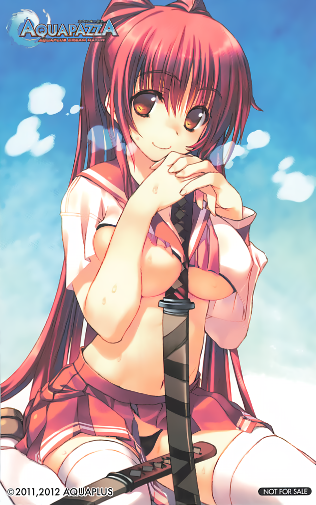 1girl amazuyu_tatsuki asymmetrical_sleeves between_breasts black_panties breasts brown_eyes brown_shoes company_name copyright_name copyright_notice holding holding_weapon interlocked_fingers kousaka_tamaki large_breasts loafers long_hair long_sleeves looking_at_viewer miniskirt navel non-web_source not_for_sale official_art own_hands_together panties photoshop_(medium) pleated_skirt red_hair red_skirt school_uniform shoes short_sleeves sitting skirt smile solo sweat to_heart_(series) to_heart_2 underboob underwear very_long_hair wariza weapon