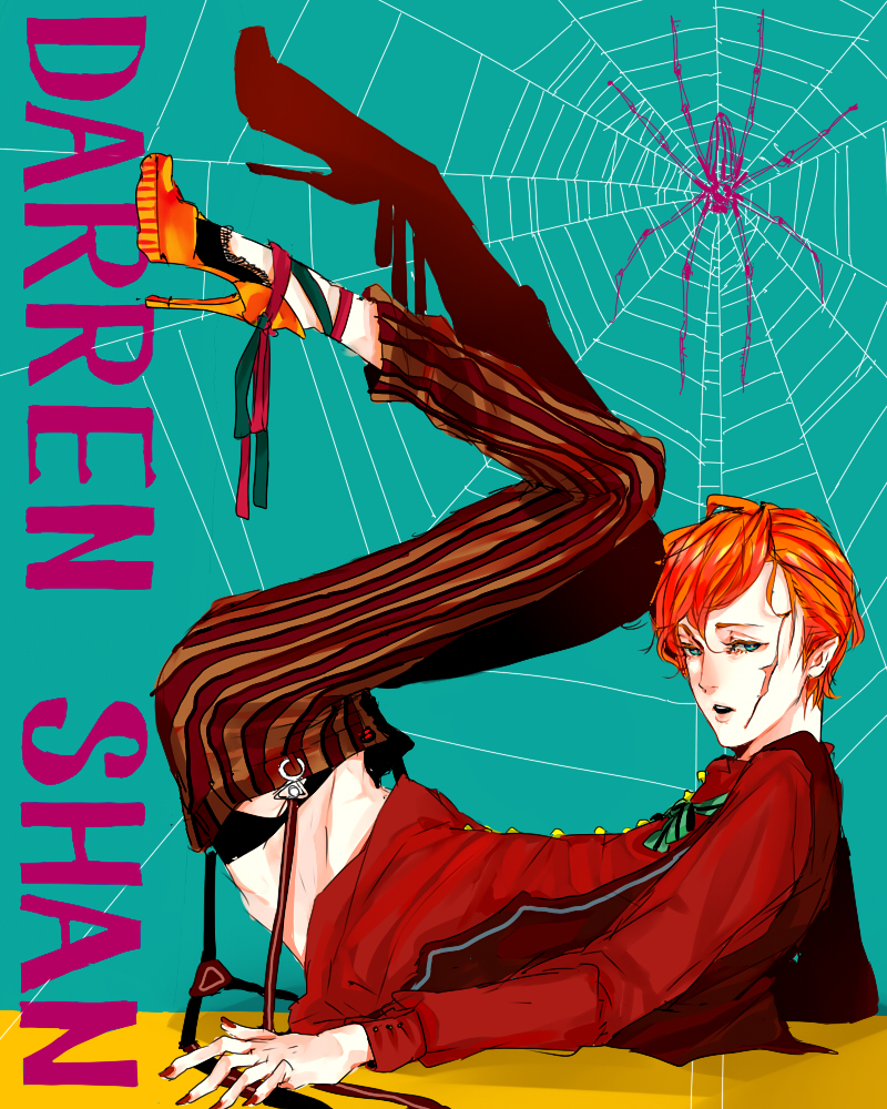 1boy aged_down blue_eyes bug larten_crepsley male_focus necktie pants red_hair scar scar_on_face short_hair silk solo spider spider_web striped_clothes striped_pants suspenders the_saga_of_darren_shan the_saga_of_larten_crepsley