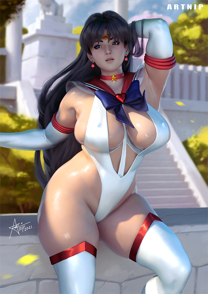 1girl adapted_costume alternate_breast_size_(larger) artist_name artnip bikini bishoujo_senshi_sailor_moon black_hair blue_eyes blurry blurry_background breasts covered_erect_nipples dappled_sunlight earrings elbow_gloves gloves hand_in_own_hair highleg highleg_leotard hino_rei jewelry large_breasts leotard long_hair looking_at_viewer outdoors sailor_bikini sailor_collar sailor_mars sailor_senshi sailor_senshi_uniform skindentation solo standing star_(symbol) star_earrings sunlight swimsuit thighhighs thighs white_gloves white_thighhighs