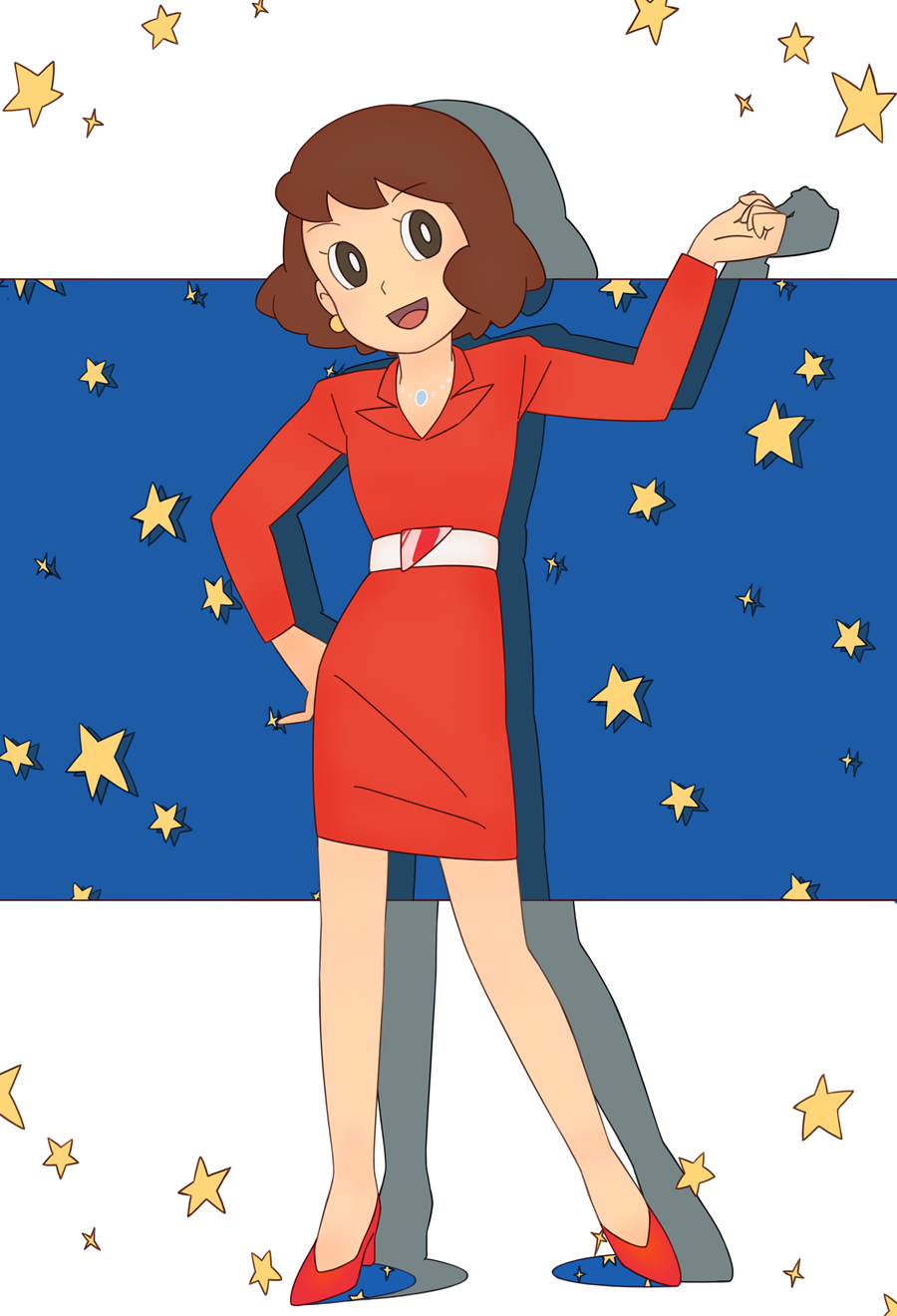 1980s_(style) 1girl aged_up bad_id bad_pixiv_id brown_eyes brown_hair dress earrings female_focus high_heels highres jewelry kiteretsu_daihyakka kotobuki_daifuku necklace nonohana_miyoko oldschool red_dress retro_artstyle short_hair solo star_(symbol)