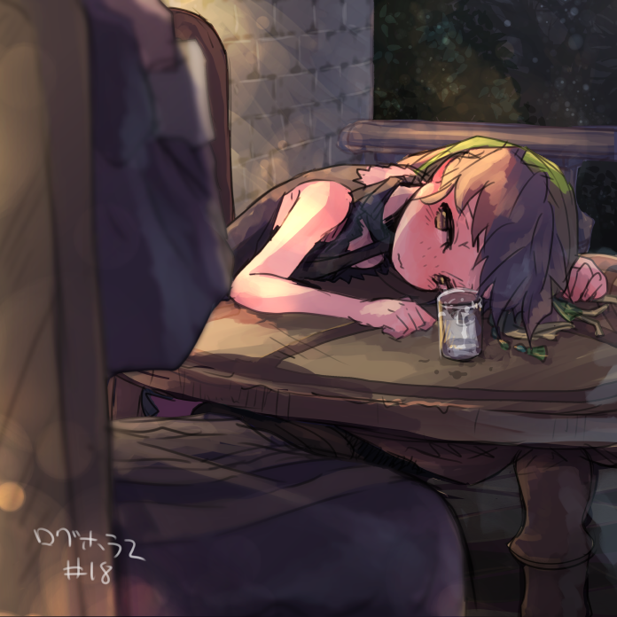 1boy 1girl bandana black_shirt blush brown_eyes brown_hair glass isuzu_(log_horizon) lens_flare log_horizon mo_(deciliter) night on_table outdoors shirt sitting sleeveless sleeveless_shirt table wooden_table