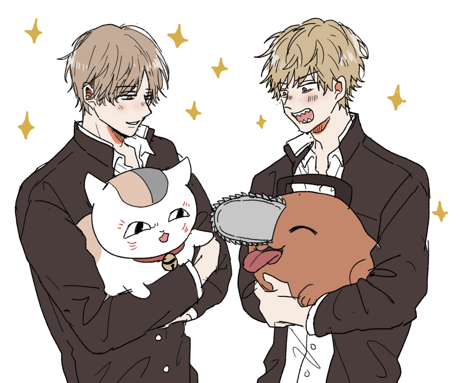 2boys ^_^ bell black_jacket blonde_hair brown_hair calico_(pattern) calico_cat cat chainsaw_man closed_eyes collar collared_shirt crossover denji_(chainsaw_man) gakuran holding jacket layered_sleeves long_sleeves male_focus multiple_boys natsume_takashi natsume_yuujinchou neck_bell nyanko-sensei open_collar open_mouth parted_bangs pochita_(chainsaw_man) red_collar school_uniform sharp_teeth shirt smile sparkle teeth tongue tongue_out upper_body white_background white_shirt yui_(yuina14)