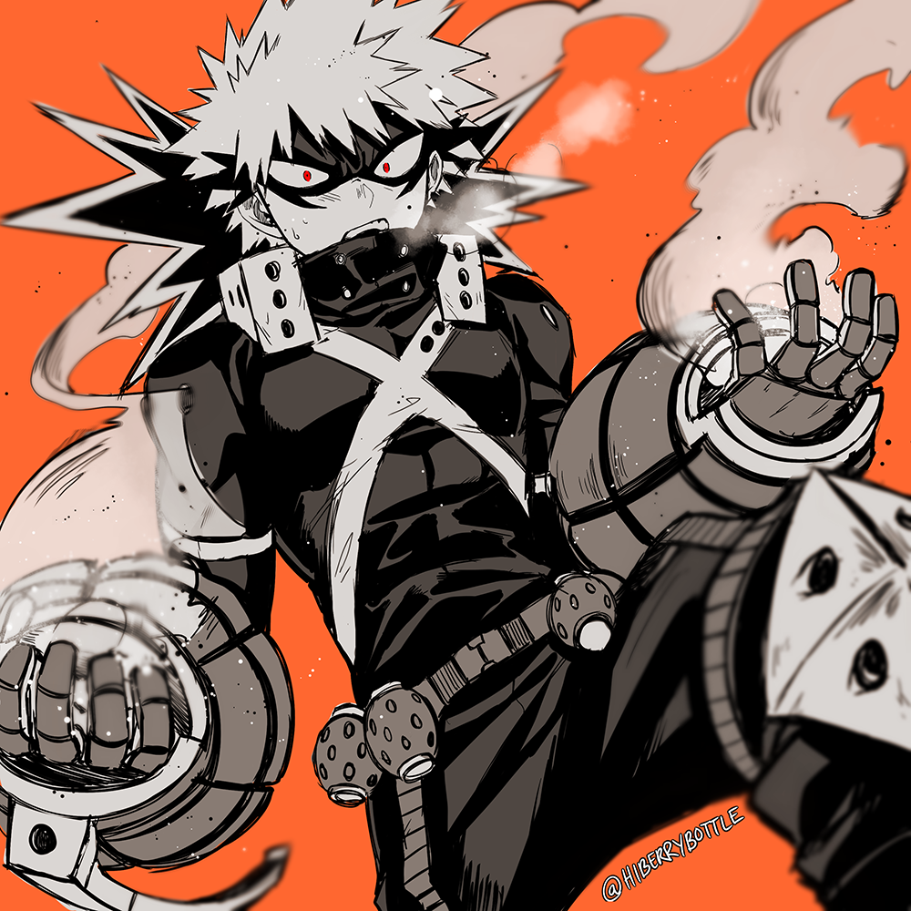 1boy bakugou_katsuki belt blurry boku_no_hero_academia breath buckle commentary depth_of_field explosive eye_mask foreshortening gloves grenade greyscale_with_colored_background hands_up high_collar knee_pads looking_at_viewer lowah male_focus open_mouth orange_background pants red_eyes sanpaku short_hair simple_background single_horizontal_stripe smoke snap-fit_buckle solo spiked_hair spot_color sweat toned toned_male twitter_username upper_body x