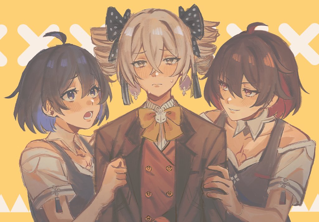 3girls ahoge bare_shoulders black_bow black_dress black_hair blue_dress blue_hair blush bow bowtie bronya_zaychik bronya_zaychik_(wolf&#039;s_dawn) brown_jacket buttons closed_mouth clothing_cutout collarbone collared_shirt colored_inner_hair crossed_bangs dress drill_hair dual_persona earrings elan_ouo grabbing_another&#039;s_arm grey_eyes grey_hair hair_between_eyes hair_bow half-closed_eyes hand_up honkai_(series) honkai_impact_3rd jacket jealous jewelry lapels long_hair looking_at_another love_triangle multicolored_hair multiple_girls open_clothes open_jacket open_mouth orange_background orange_bow orange_bowtie polka_dot polka_dot_bow purple_eyes red_eyes red_hair red_vest seele_(alter_ego) seele_vollerei shirt short_hair short_sleeves shoulder_cutout simple_background smile smug standing sweat teeth twin_drills twintails vest white_shirt yuri