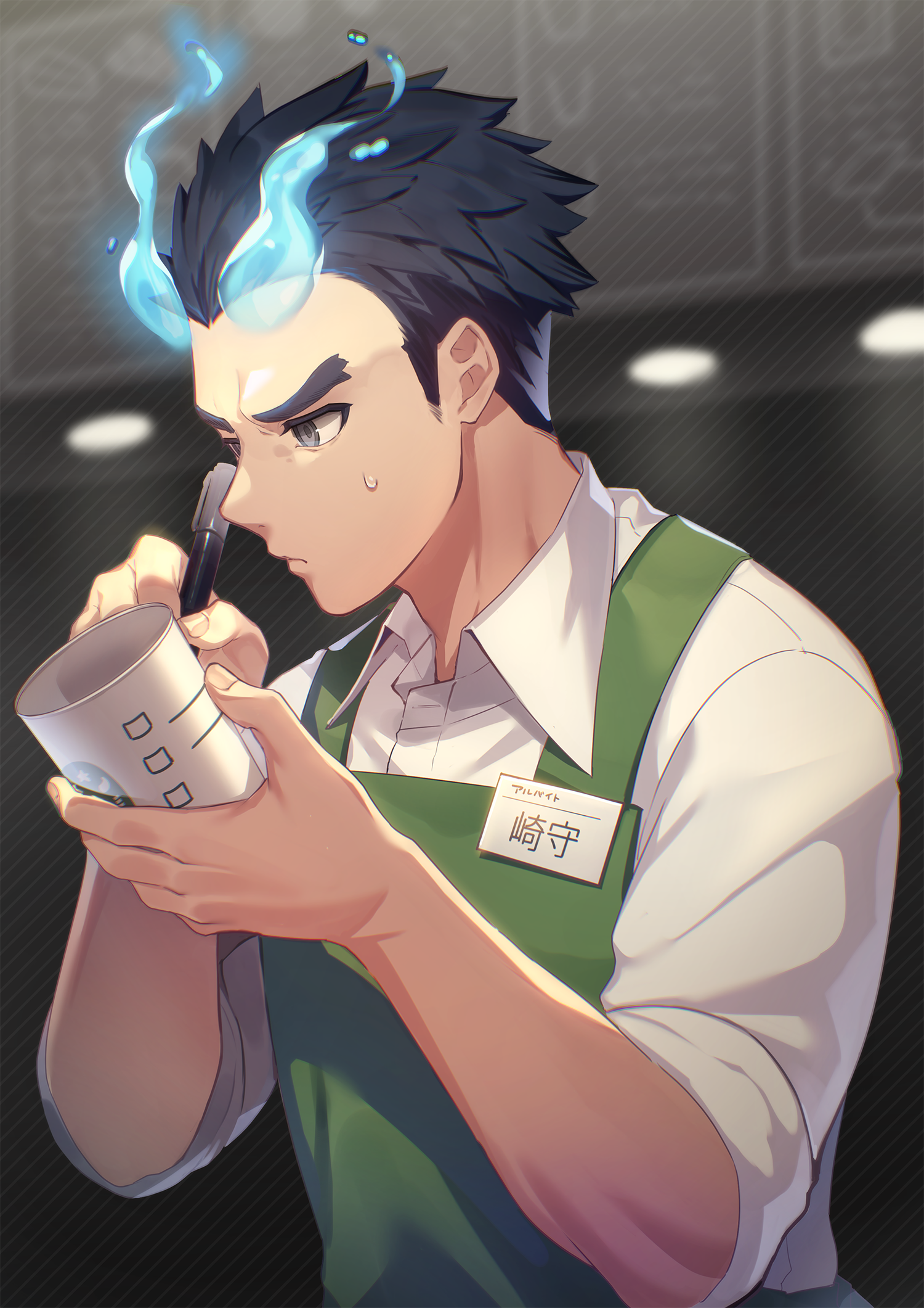 1boy apron black_eyes black_hair blue_fire buku2_suisou closed_mouth fire green_apron grey_background highres holding holding_marker indoors male_focus marker sakimori_toji short_hair solo starbucks sweatdrop tokyo_houkago_summoners upper_body writing
