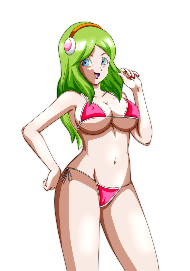 10s 1girl bikini breasts brianne_de_chateau curvy dragon_ball dragon_ball_super female_focus green_hair large_breasts long_hair nail_polish navel pink_bikini red_nails ribrianne simple_background solo stomach swimsuit thighs third-party_edit white_background