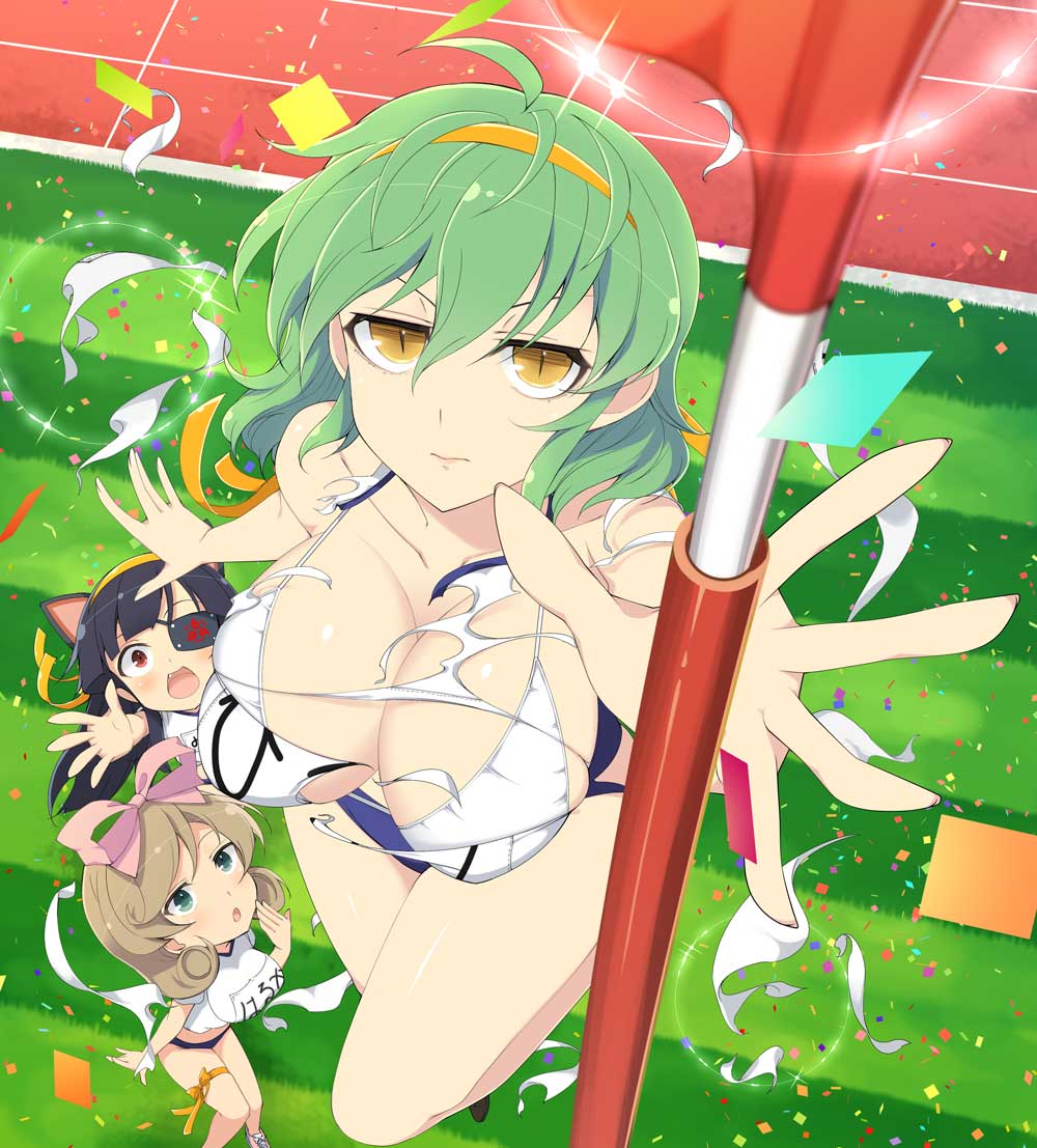 3girls :o black_hair blue_buruma blunt_bangs blush bow bra breasts brown_hair buruma cleavage collarbone confetti curly_hair expressionless eyepatch fang flagpole flat_chest grass green_eyes green_hair gym_shirt gym_uniform hair_between_eyes hair_bow hair_ribbon hairband haruka_(senran_kagura) hikage_(senran_kagura) hime_cut large_breasts lens_flare long_hair looking_at_viewer mirai_(senran_kagura) mitsudomoe_(shape) multiple_girls official_art open_mouth pink_bow reaching red_eyes red_flag relay_baton ribbon running_track senran_kagura senran_kagura_new_wave senran_kagura_shoujo-tachi_no_shin&#039;ei shiny_skin shirt short_hair slit_pupils sparkle tomoe_(symbol) torn_clothes torn_shirt track_and_field underwear v-shaped_eyebrows white_bra white_shirt yellow_eyes yellow_hairband yellow_ribbon
