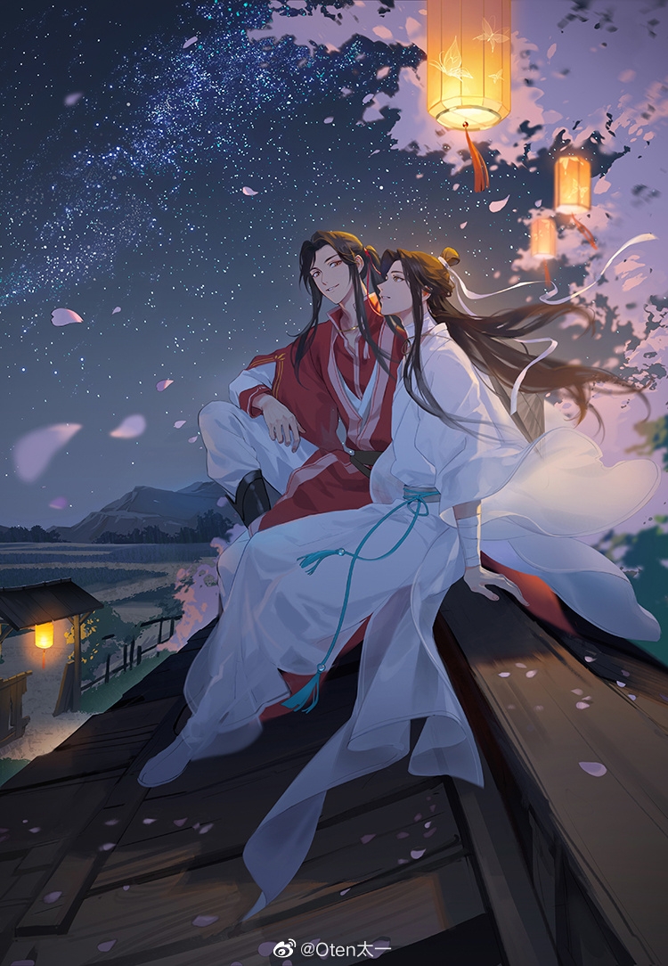 2boys bandaged_arm bandaged_neck bandages black_boots black_hair boots brown-eared_bulbul bug butterfly chinese_clothes chinese_commentary dirt_road falling_petals fence grass hair_ribbon hanfu hat hua_cheng insect jewelry lantern long_sleeves looking_at_another looking_up male_focus mountain multiple_boys necklace night night_sky on_roof oten outdoors pants petals pink_petals red_hanfu ribbon rice_hat road san_lang sash shoes side_ponytail sitting sky smile star_(sky) tassel tianguan_cifu topknot tree unworn_hat unworn_headwear watermark weibo_watermark white_hanfu white_pants white_ribbon white_shoes wide_sleeves xie_lian