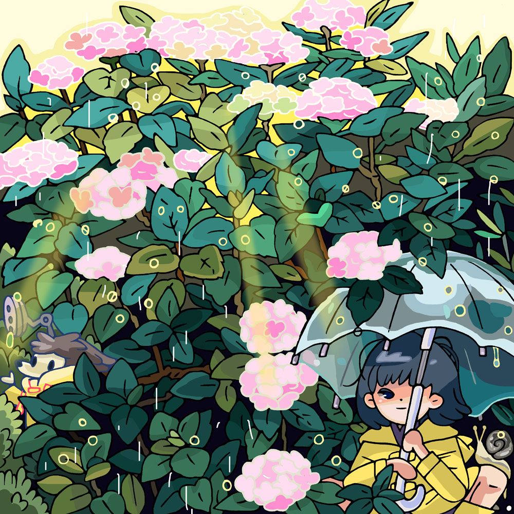 1girl animal black_hair boots coat flower hashtag-only_commentary looking_at_viewer original peony_(flower) rain raincoat short_hair shwanpai snail solo sunlight transparent transparent_umbrella umbrella water_drop yellow_boots yellow_coat