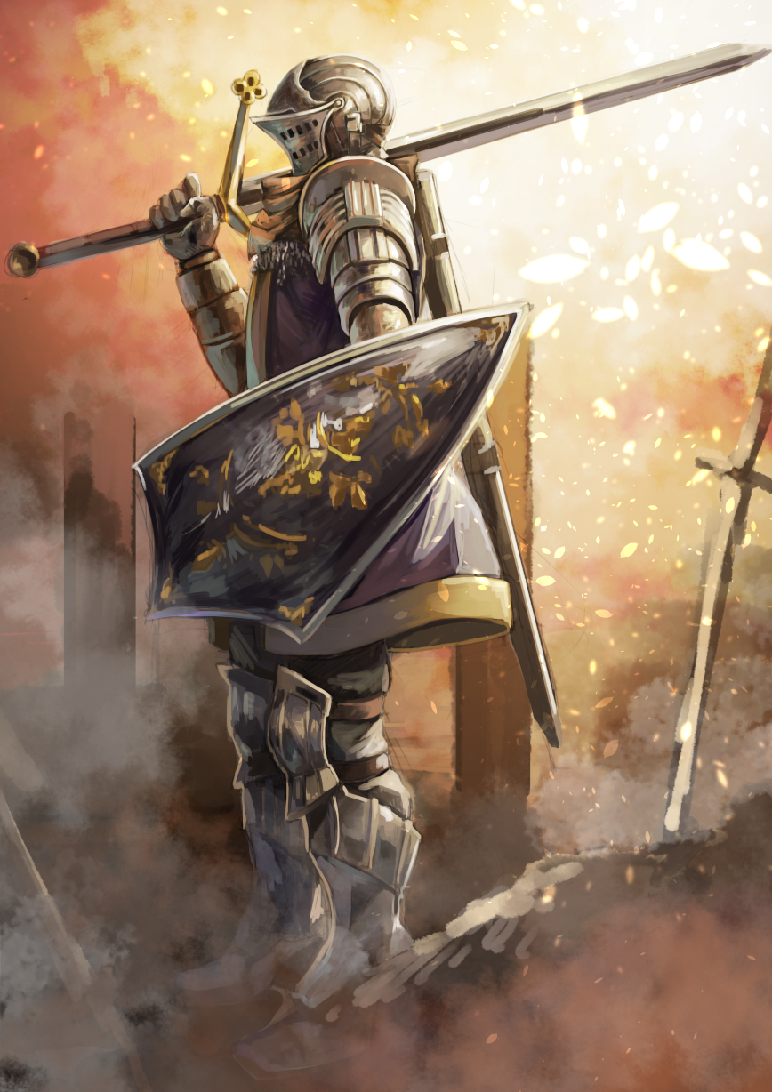 1boy armor claymore_(sword) dark_souls_(series) dark_souls_i full_armor gauntlets helmet highres knight koruse male_focus oscar_of_astora scabbard sheath shield solo sword weapon