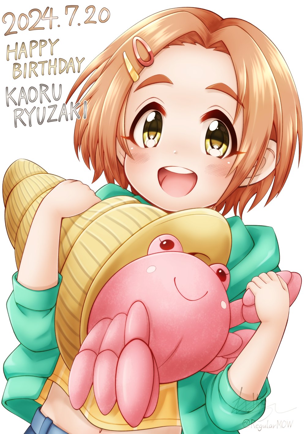 1girl :d character_name commentary_request dated green_jacket hair_ornament hairclip happy_birthday hermit_crab highres holding holding_stuffed_toy idolmaster idolmaster_cinderella_girls jacket looking_at_viewer open_clothes open_jacket open_mouth orange_hair regular_mow ryuzaki_kaoru shirt signature simple_background smile stuffed_animal stuffed_toy teeth twitter_username upper_body upper_teeth_only white_background yellow_eyes yellow_shirt