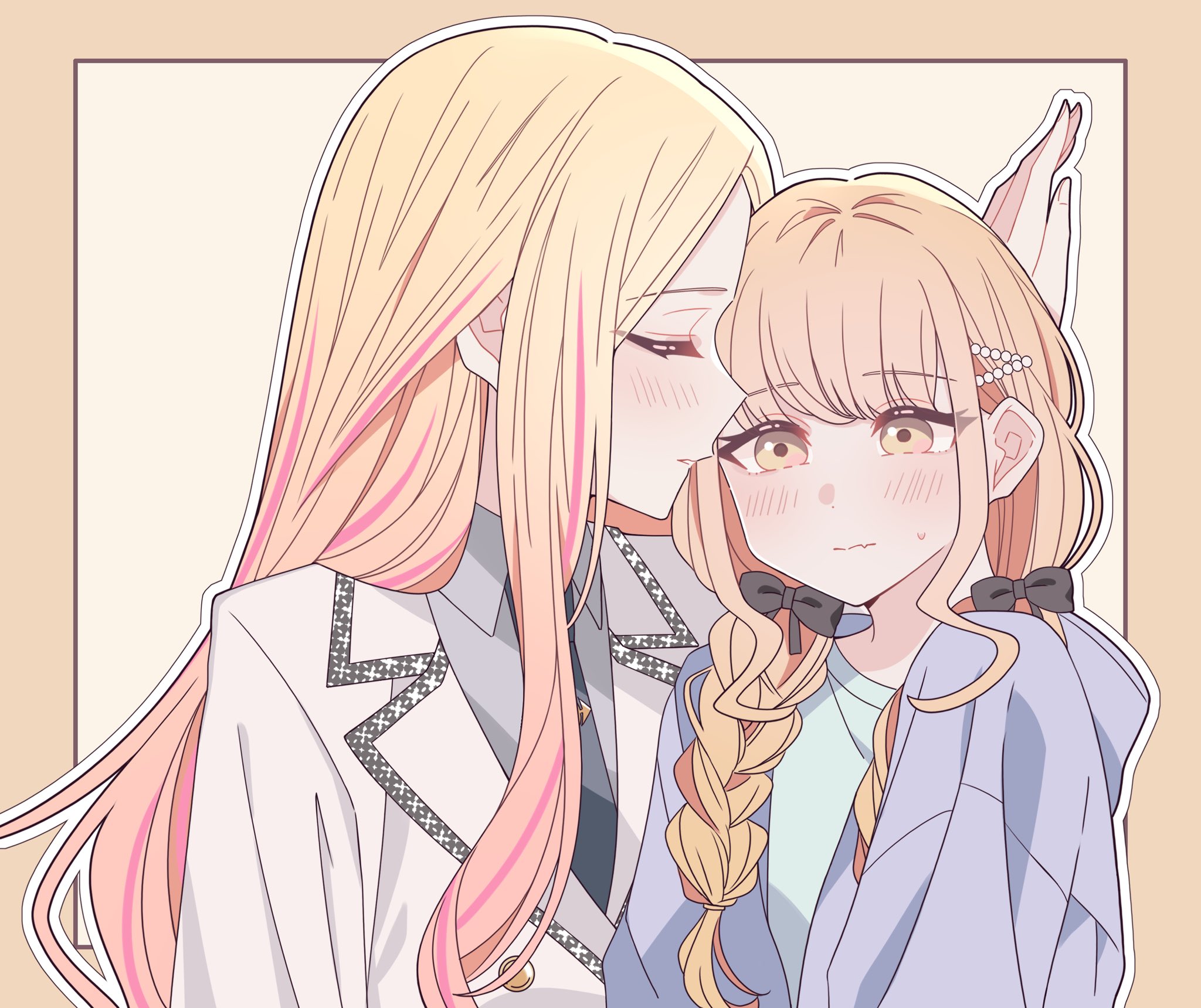 2girls black_bow black_necktie blonde_hair blue_shirt blush border bow braid collared_shirt commentary fang fujita_kotone gakuen_idolmaster grey_shirt hair_bow highres hood hoodie idolmaster jacket juo_sena kabedon kousaka_0v0 long_hair multicolored_hair multiple_girls necktie orange_border orange_hair outline parted_lips pink_hair purple_hoodie shirt simple_background skin_fang streaked_hair sweatdrop twin_braids white_jacket white_outline yellow_background yellow_eyes yuri