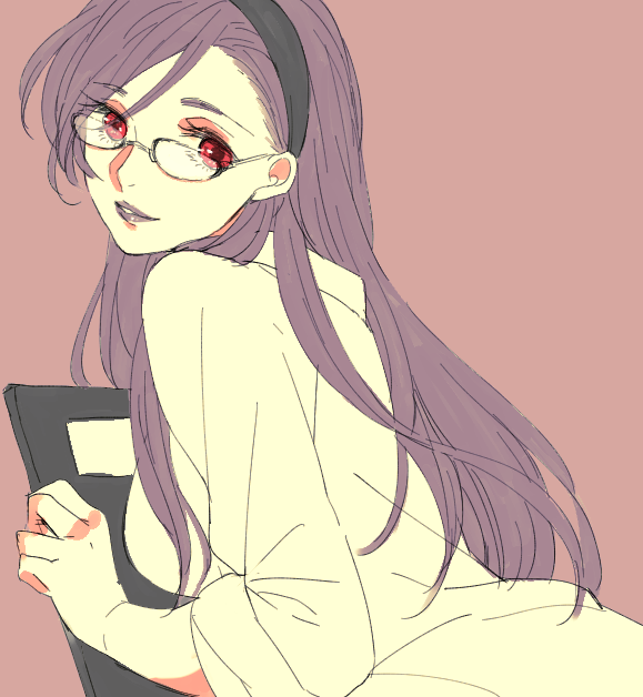 1girl alternate_costume black_hairband breasts brown_background casual chrono_cross clipboard collared_shirt contemporary glasses hair_over_one_eye hairband holding holding_clipboard long_hair long_sleeves looking_at_viewer looking_back medium_breasts parted_lips purple_hair purple_lips red_eyes riddel_(chrono_cross) shirt solo tokio_(okt0w0) upper_body white_shirt