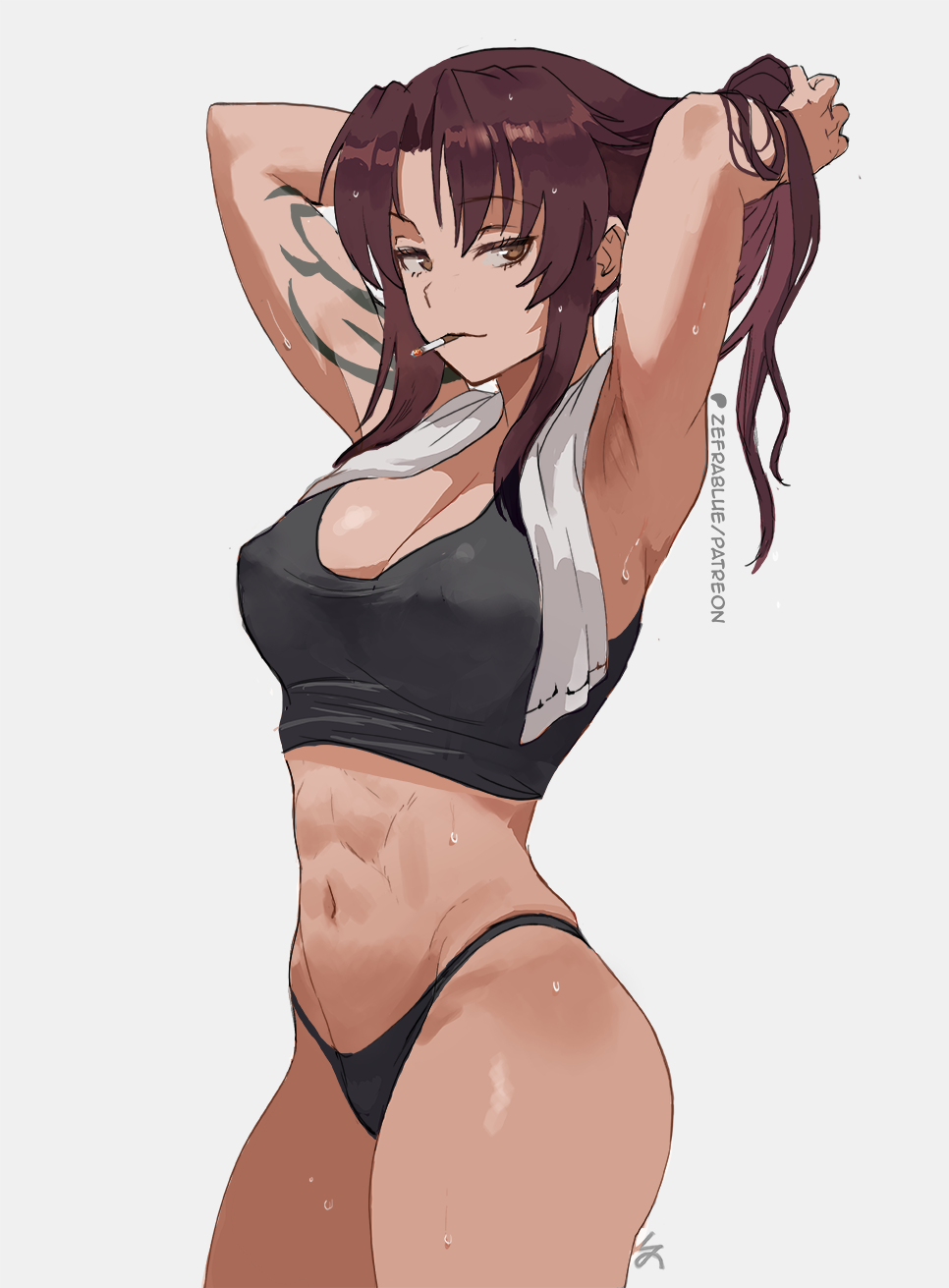 1girl abs adjusting_hair arm_tattoo arms_up ass black_lagoon black_panties black_tank_top breasts brown_eyes cigarette commentary cowboy_shot crop_top curtained_hair highres holding holding_cigarette large_breasts long_hair looking_at_viewer mouth_hold navel no_pants panties parted_bangs patreon_logo patreon_username red_hair revy_(black_lagoon) simple_background solo tank_top tattoo towel underwear zefrableu