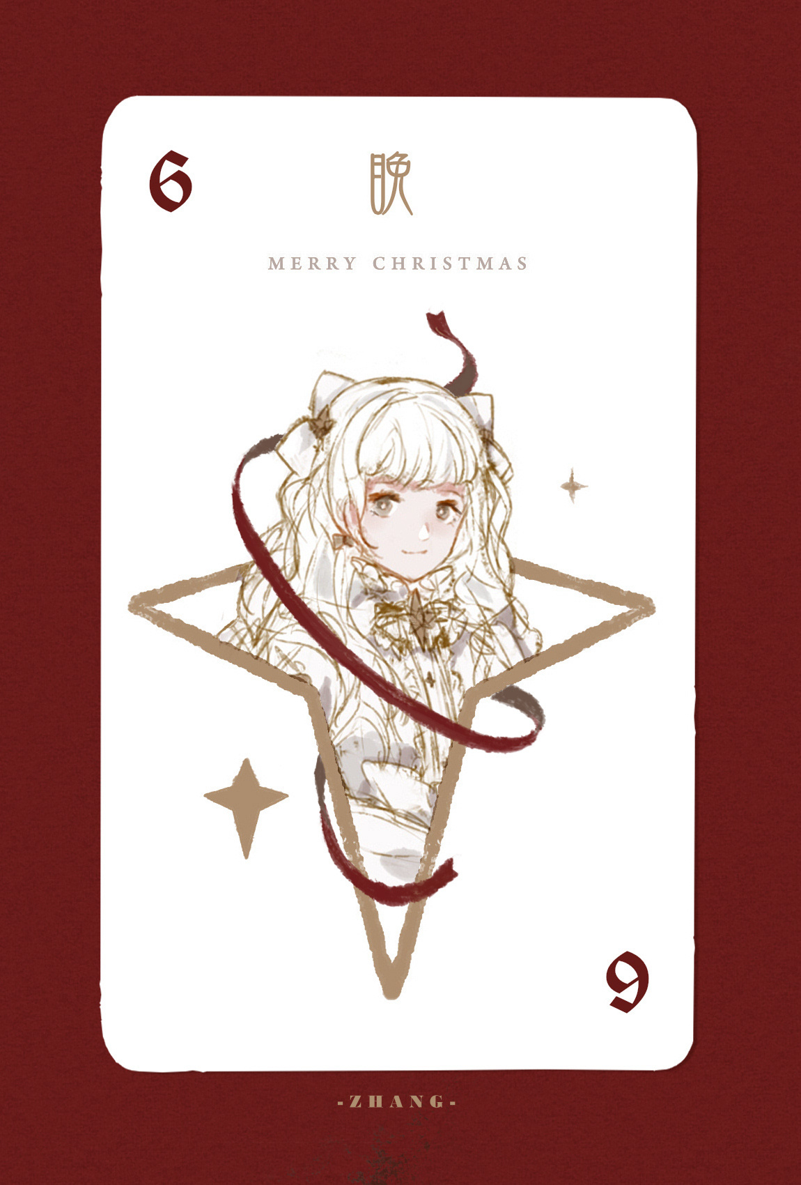 1girl artist_name blunt_bangs border bow bright_pupils card card_(medium) center_frills choker christmas closed_mouth cone_hair_bun cropped_torso double_bun dress_shirt eyelashes frilled_choker frills grey_eyes hair_bow hair_bun highres long_hair looking_at_viewer merry_christmas original playing_card red_border shirt smile solo star_(symbol) star_button stars_zhangzhang wavy_hair white_background white_bow white_choker white_hair white_pupils white_shirt white_theme