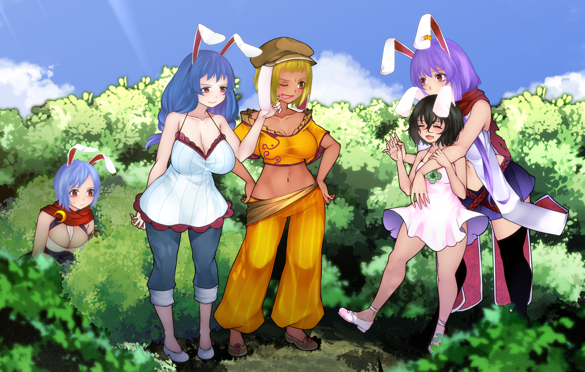4girls alternate_costume animal_ears aoshima black_hair blonde_hair blue_hair breasts camisole capri_pants cheek_pinching cleavage commentary_request earrings facial_mark flat_cap forehead_mark hat highres inaba_tewi jewelry large_breasts medium_breasts midriff miniskirt multiple_girls navel pants pinching purple_hair rabbit_ears red_eyes red_scarf reisen_(touhou_bougetsushou) reisen_udongein_inaba ringo_(touhou) scarf seiran_(touhou) single_earring skirt small_breasts touhou