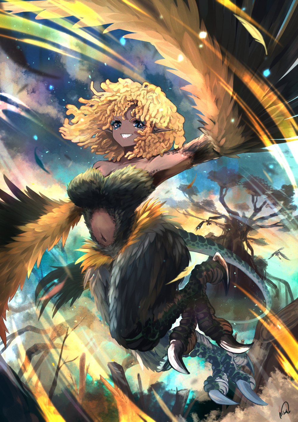 1girl bare_shoulders bird_legs black_feathers black_wings blonde_hair breasts curly_hair feathered_wings feathers harpy highres long_hair looking_at_viewer medium_breasts minksama monster_girl navel original partially_feathered_tail pointy_ears scales solo talons tree two-tone_wings winged_arms wings yellow_feathers